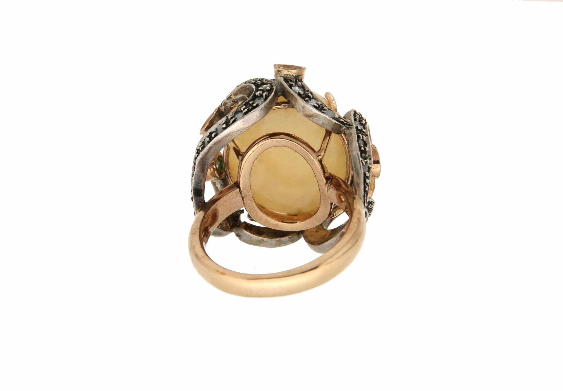 Artisan Handcraft Australian Opal 14 Karat Yellow Gold Diamonds Emeralds Cocktail Ring For Sale