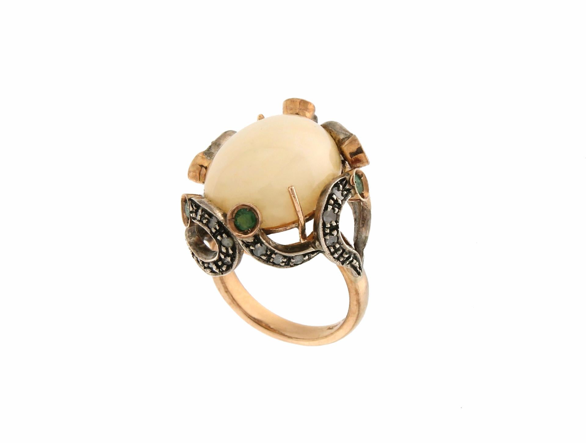 Rose Cut Handcraft Australian Opal 14 Karat Yellow Gold Diamonds Emeralds Cocktail Ring For Sale