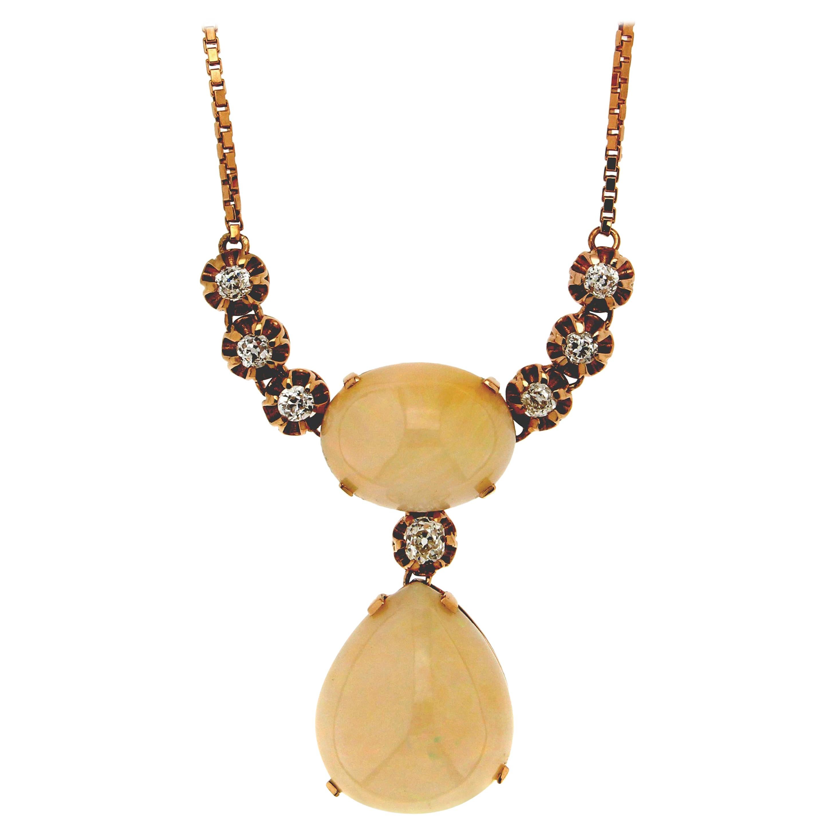 Handcraft Australian Opal 14 Karat Yellow Gold Diamonds Pendant Necklace