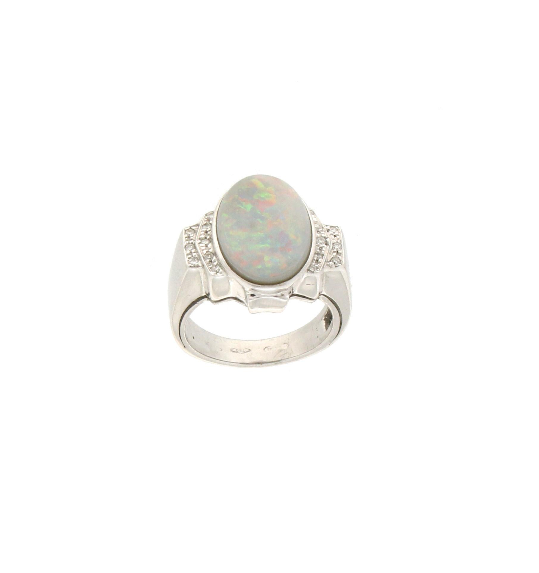 Handcraft Australian Opal 18 Karat White Gold Diamonds Cocktail Ring In New Condition In Marcianise, IT