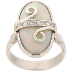 Bague de cocktail en or blanc 18 carats diamants et opale australienne Handcraft