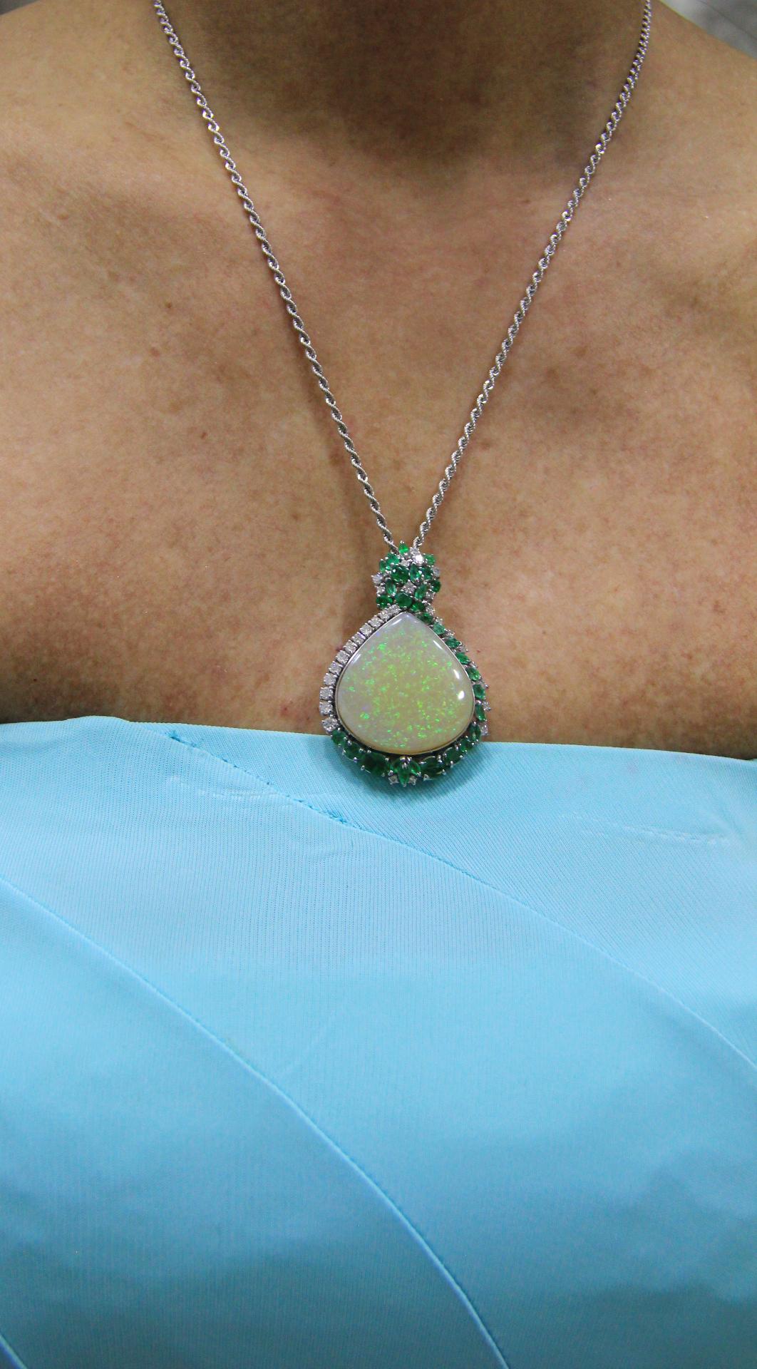 Handcraft Australian Opal 18 Karat White Gold Diamonds Emeralds Pendant Necklace For Sale 4