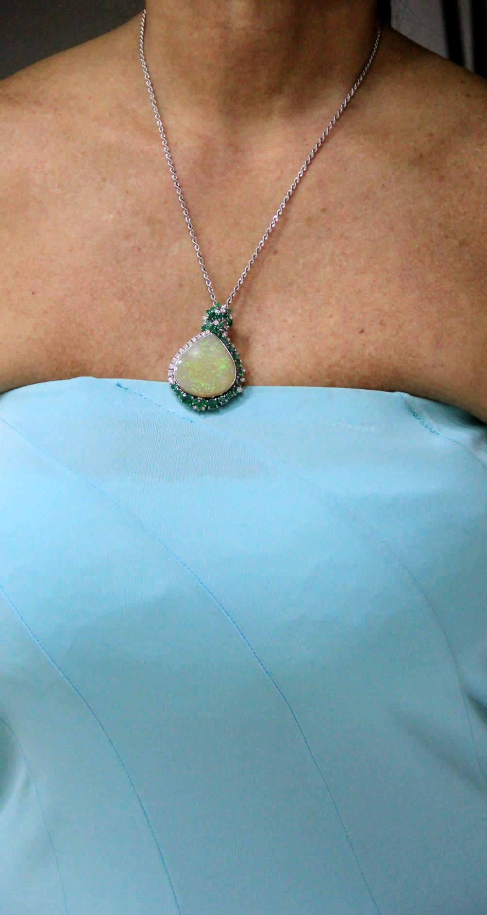Handcraft Australian Opal 18 Karat White Gold Diamonds Emeralds Pendant Necklace For Sale 6
