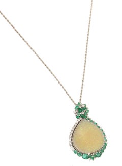 Handcraft Australian Opal 18 Karat White Gold Diamonds Emeralds Pendant Necklace
