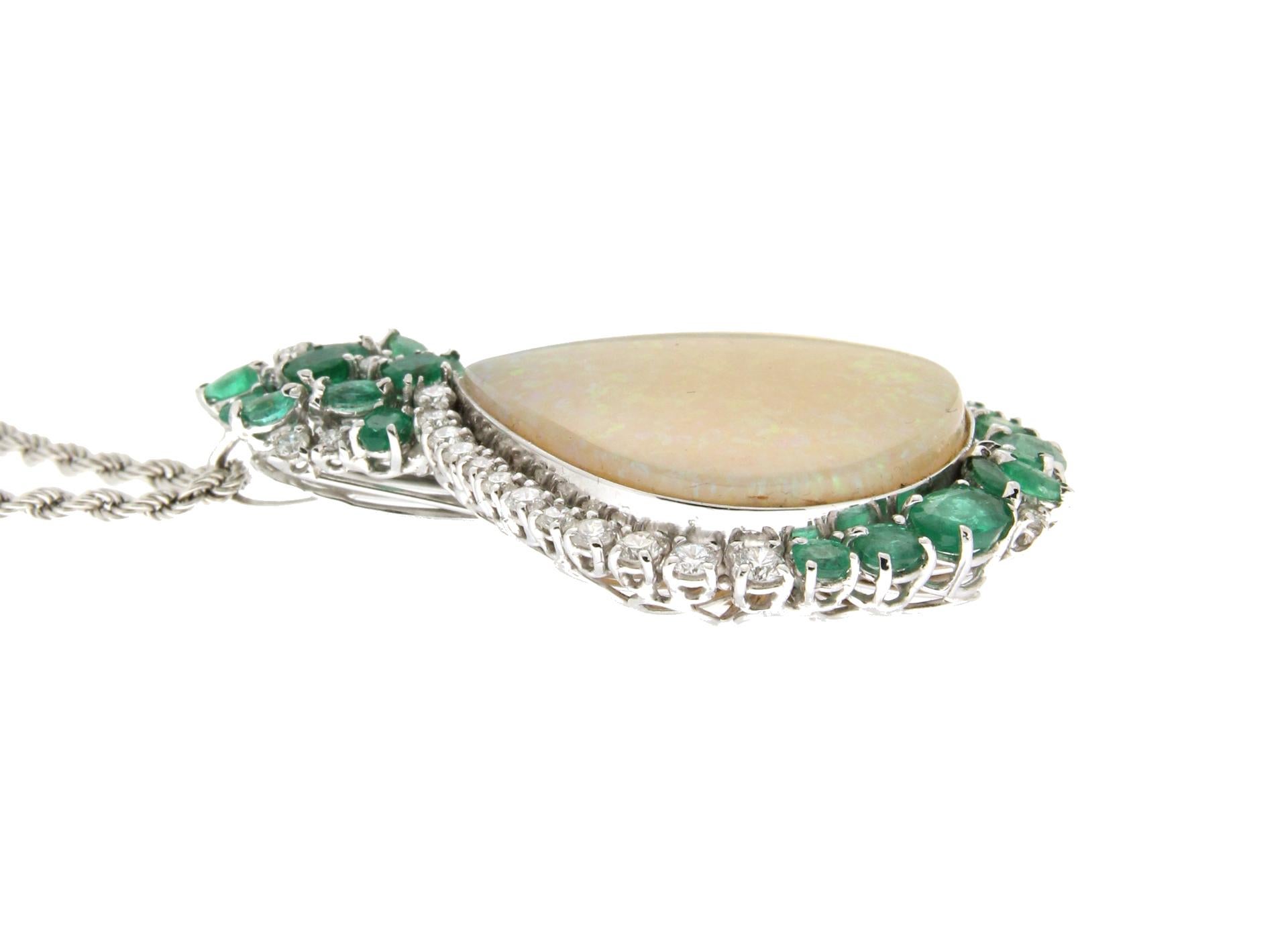 Mixed Cut Handcraft Australian Opal 18 Karat White Gold Diamonds Emeralds Pendant Necklace For Sale