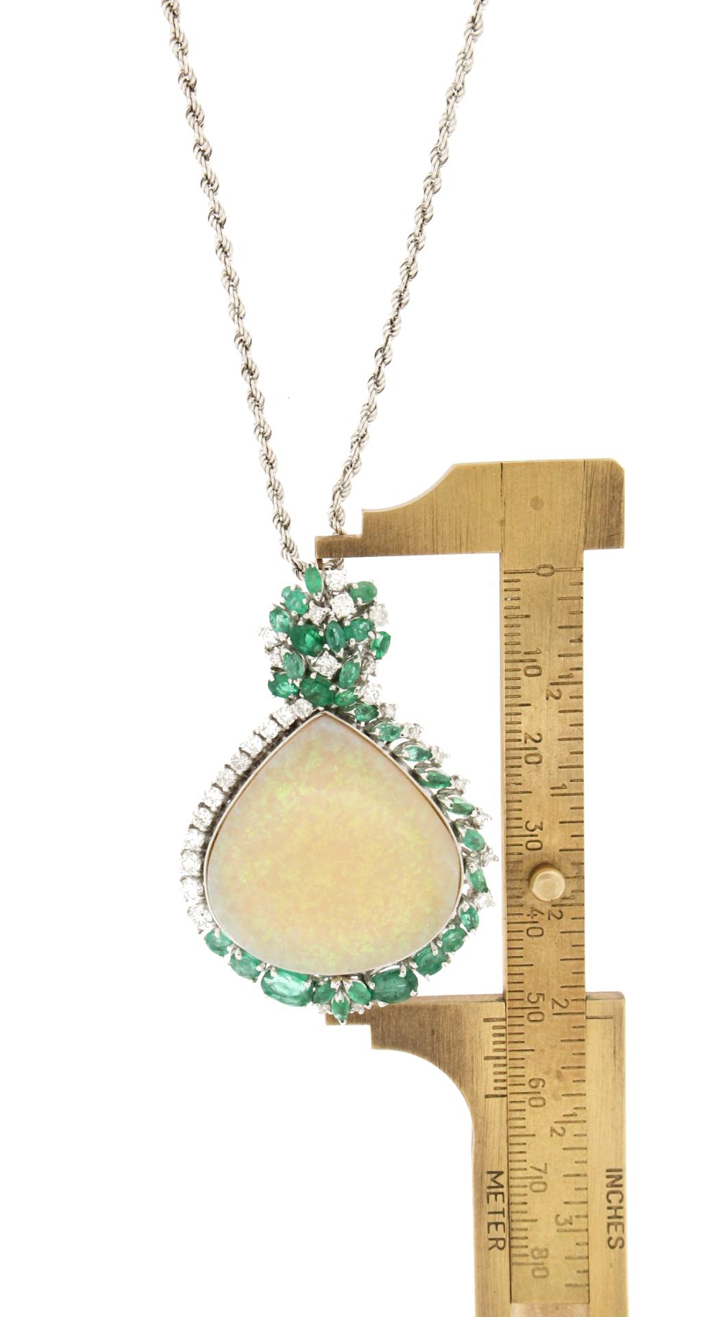 Women's or Men's Handcraft Australian Opal 18 Karat White Gold Diamonds Emeralds Pendant Necklace For Sale