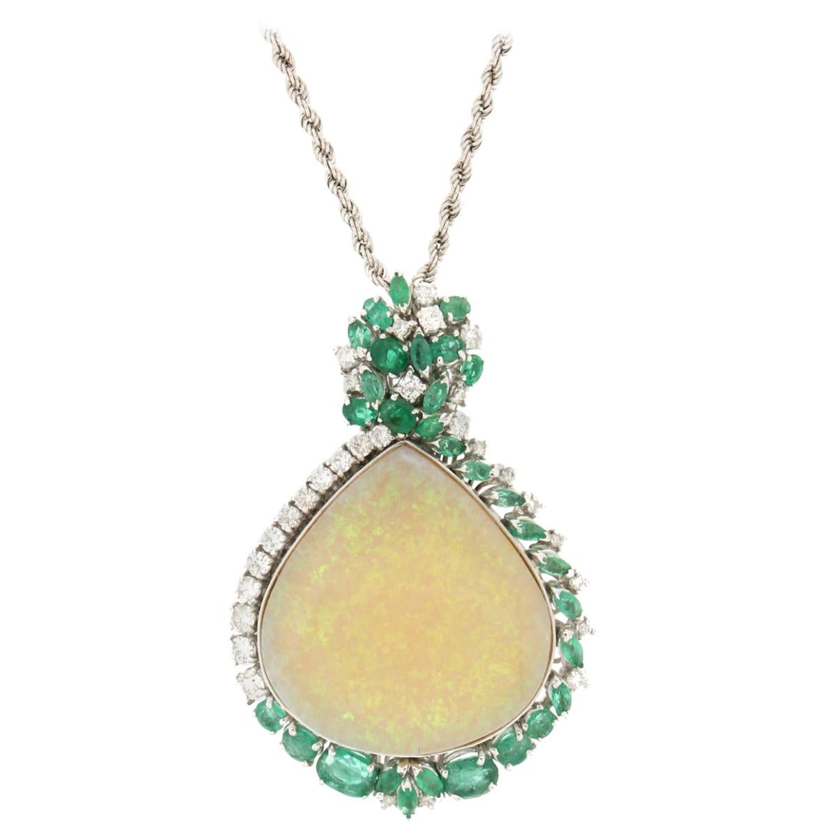 Handcraft Australian Opal 18 Karat White Gold Diamonds Emeralds Pendant Necklace