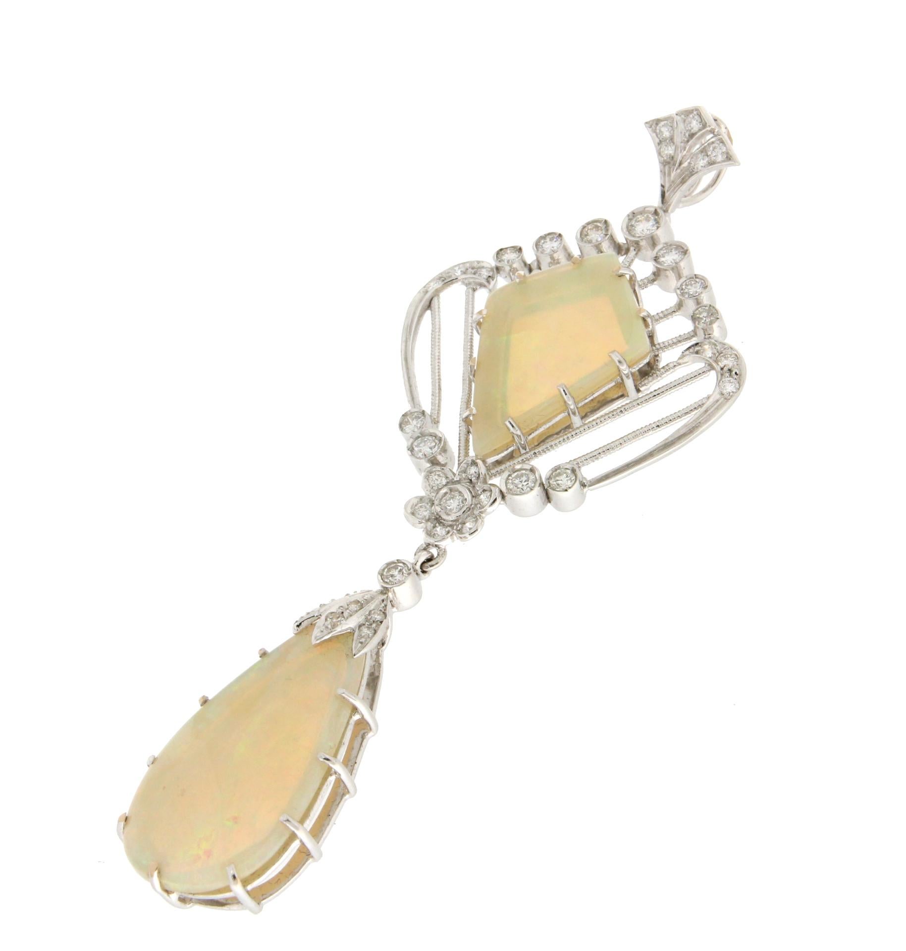 Artisan Handcraft Australian Opal 18 Karat White Gold Diamonds Pendant Necklace For Sale