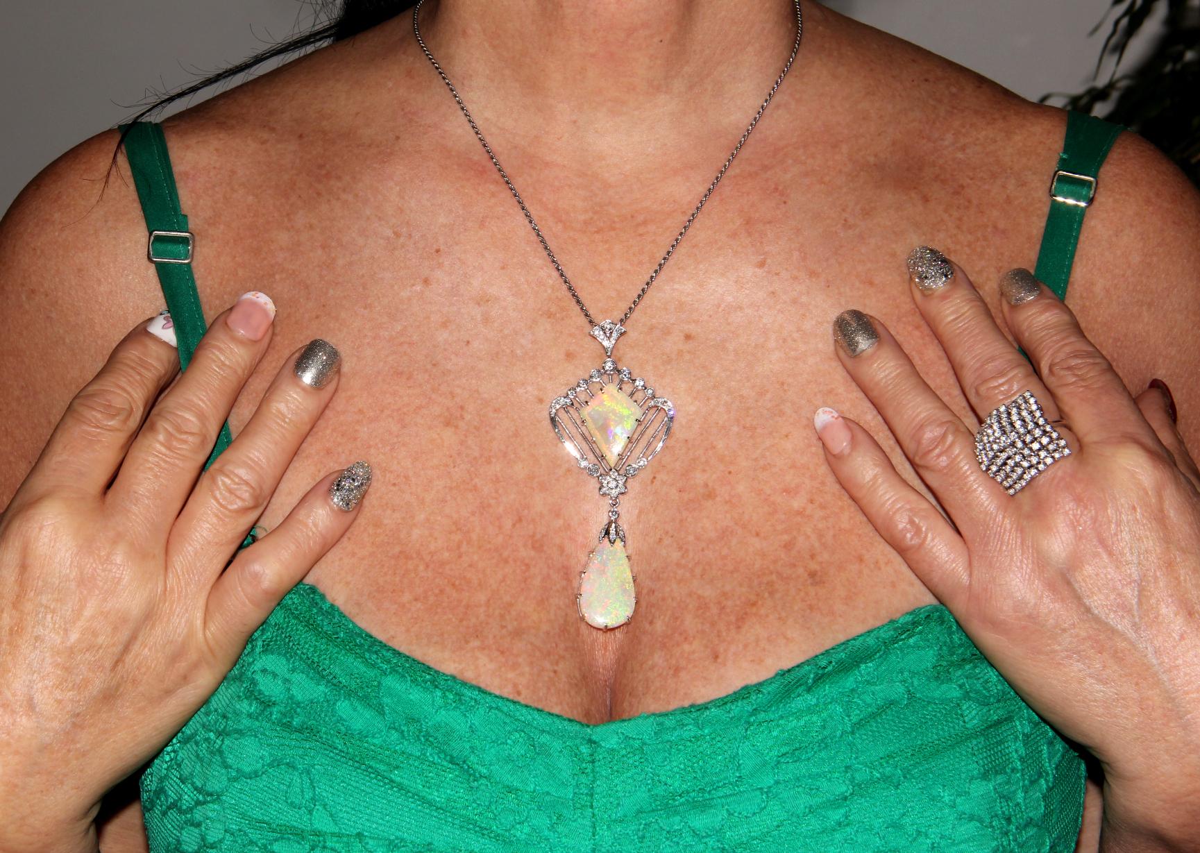 Women's or Men's Handcraft Australian Opal 18 Karat White Gold Diamonds Pendant Necklace For Sale