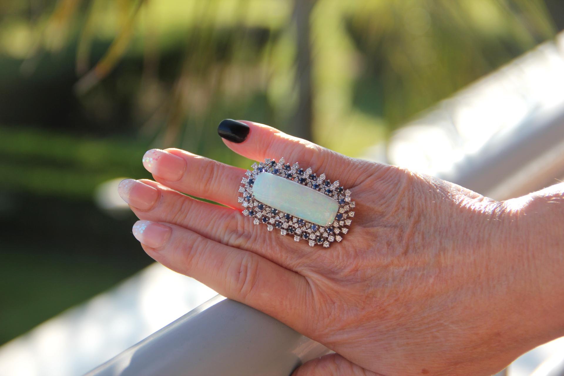 Handcraft Australian Opal 18 Karat White Gold Diamonds Sapphires Cocktail Ring For Sale 5