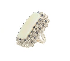 Handcraft Australian Opal 18 Karat White Gold Diamonds Sapphires Cocktail Ring