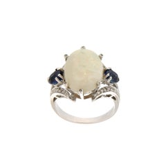 Handcraft Australian Opal 18 Karat White Gold Diamonds Sapphires Cocktail Ring