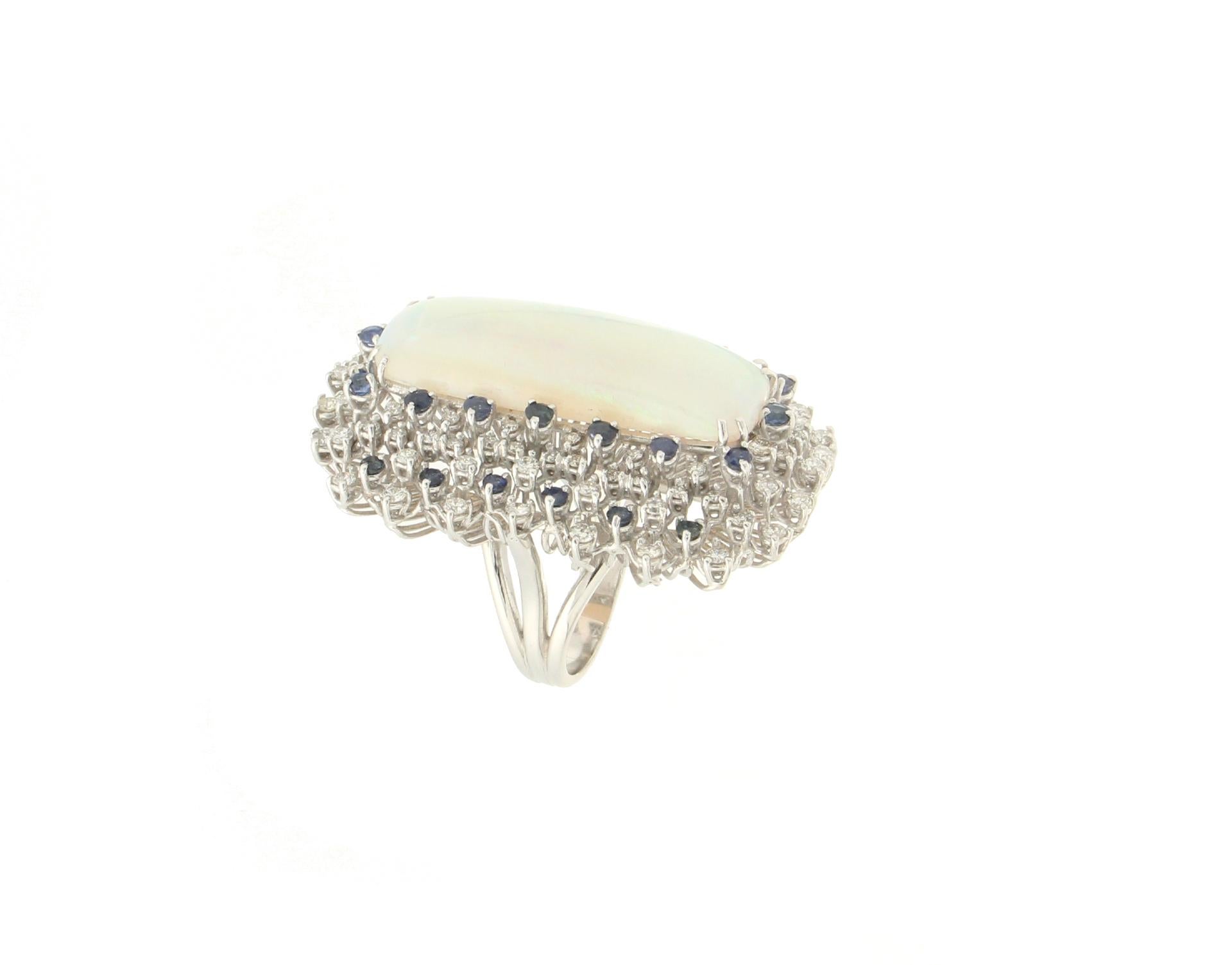 Artisan Handcraft Australian Opal 18 Karat White Gold Diamonds Sapphires Cocktail Ring For Sale