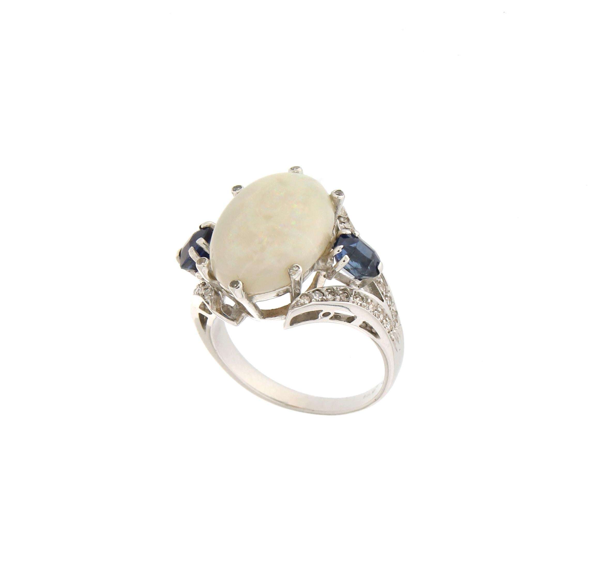 Artisan Handcraft Australian Opal 18 Karat White Gold Diamonds Sapphires Cocktail Ring