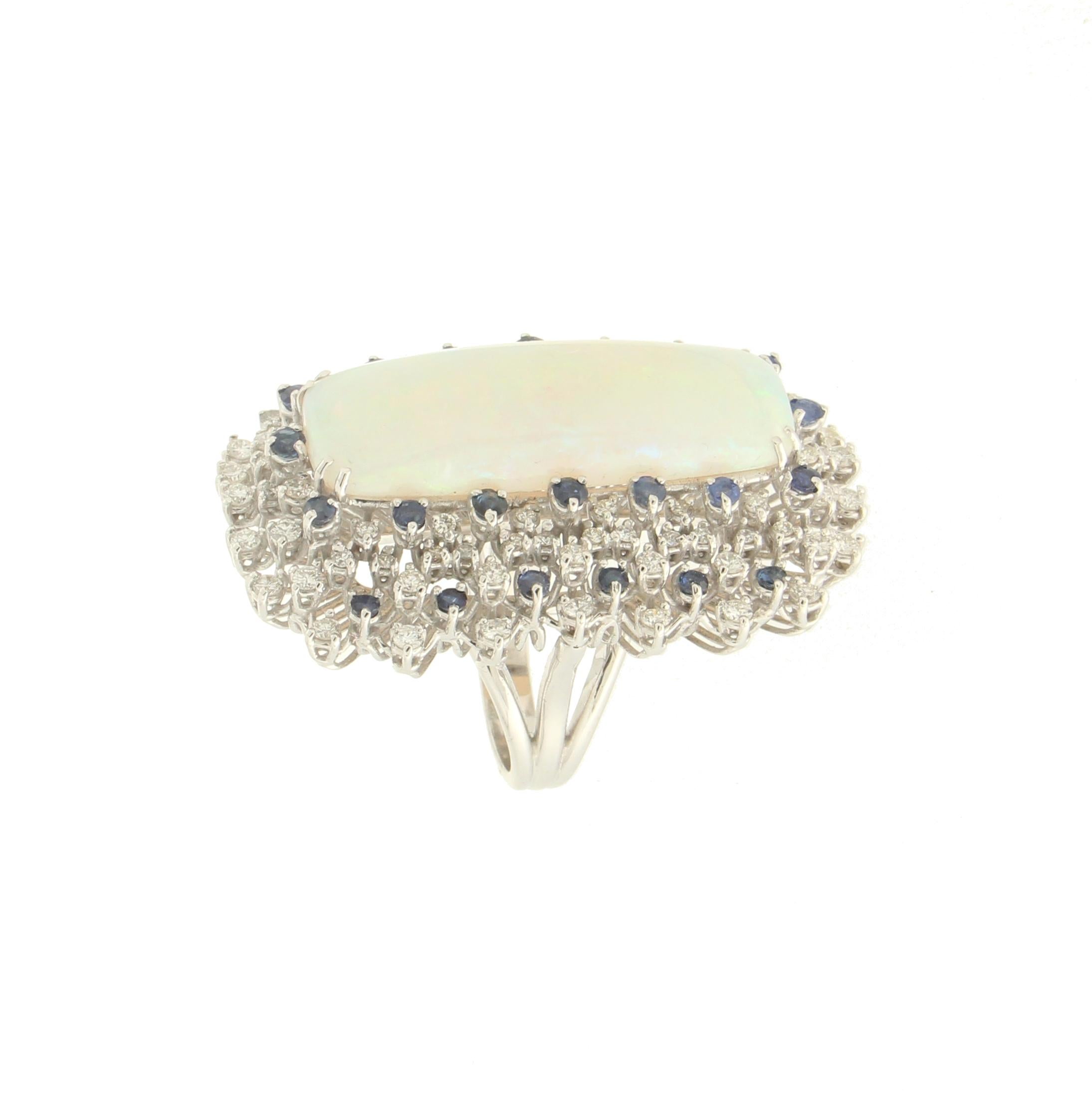 Brilliant Cut Handcraft Australian Opal 18 Karat White Gold Diamonds Sapphires Cocktail Ring For Sale
