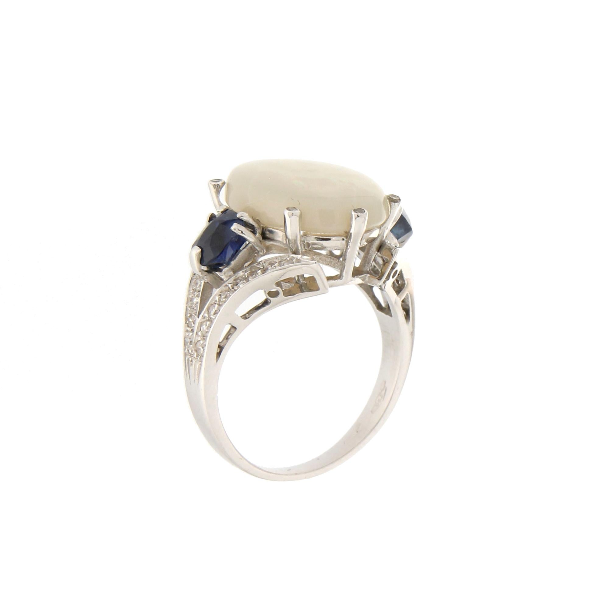 Handcraft Australian Opal 18 Karat White Gold Diamonds Sapphires Cocktail Ring In New Condition For Sale In Marcianise, IT