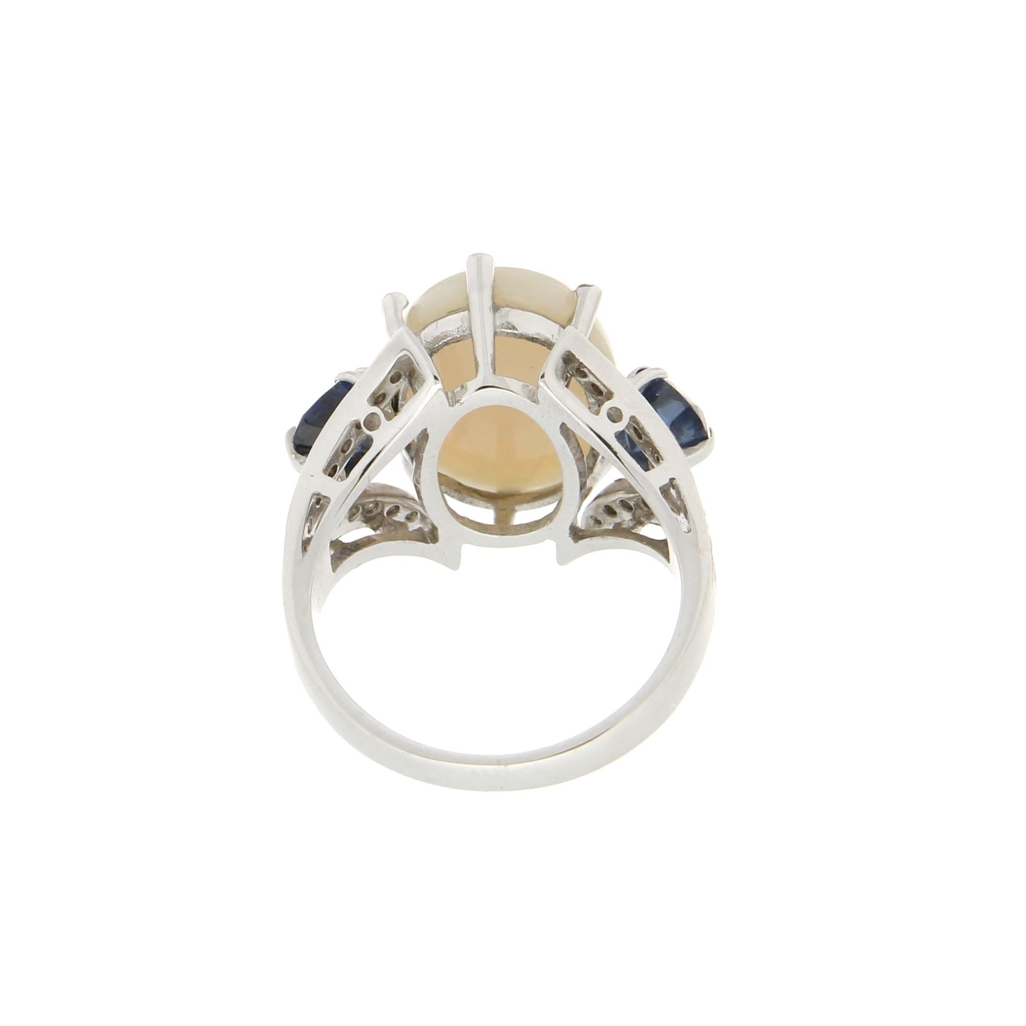 Women's Handcraft Australian Opal 18 Karat White Gold Diamonds Sapphires Cocktail Ring