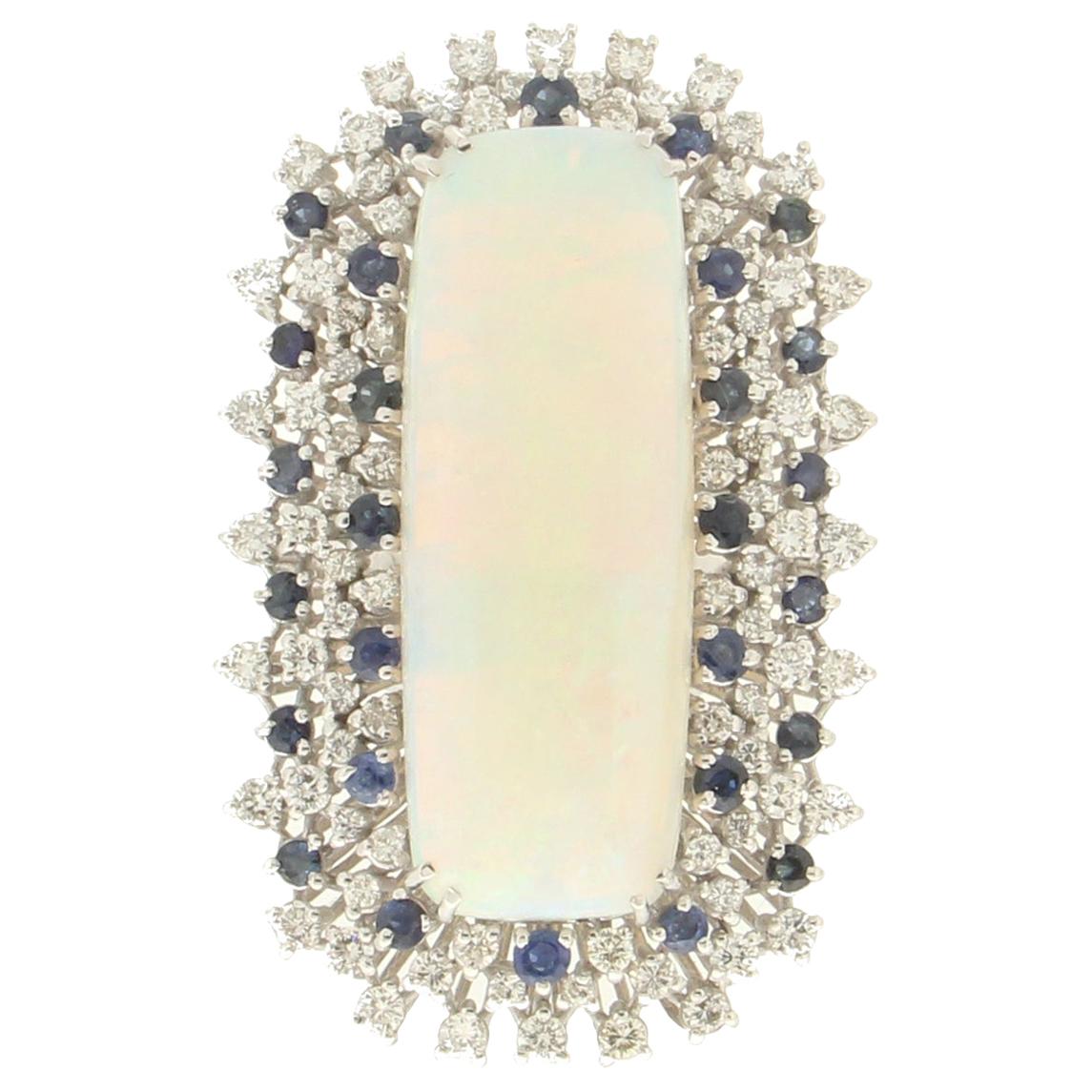 Handcraft Australian Opal 18 Karat White Gold Diamonds Sapphires Cocktail Ring For Sale