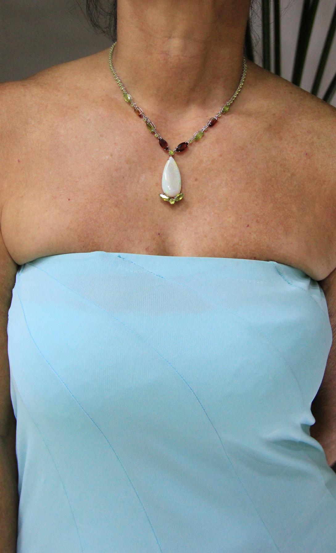 Women's or Men's Handcraft Australian Opal 18 Karat White Gold Peridot Citrine Pendant Necklace For Sale