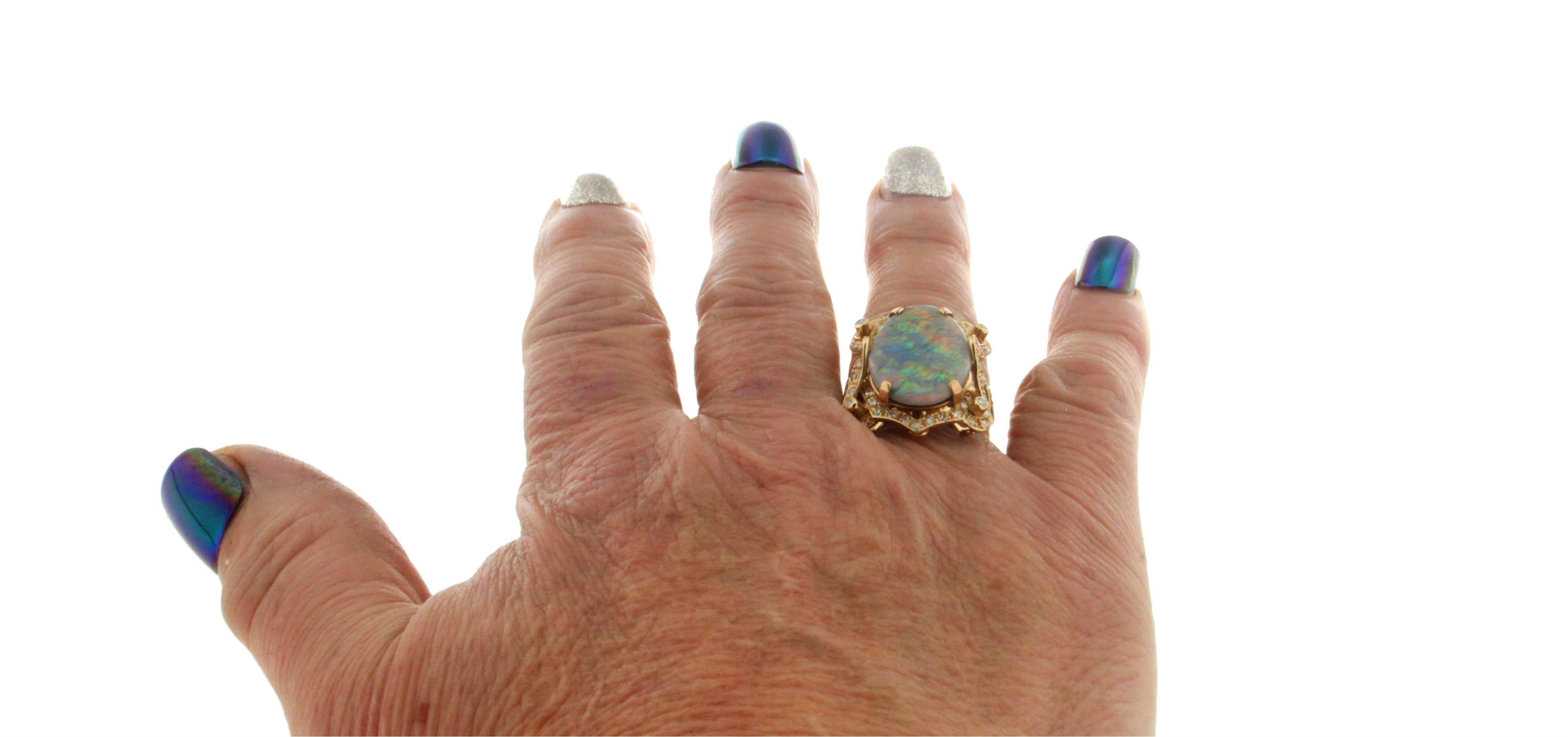 Handcraft Australian Opal 18 Karat Yellow Gold Diamonds Cocktail Ring 7