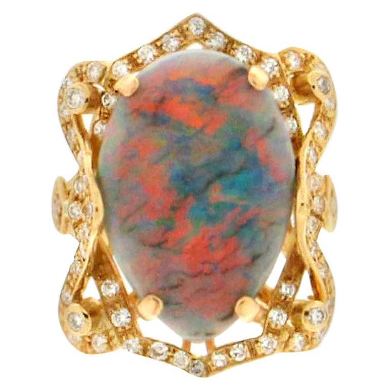 Handcraft Australian Opal 18 Karat Yellow Gold Diamonds Cocktail Ring