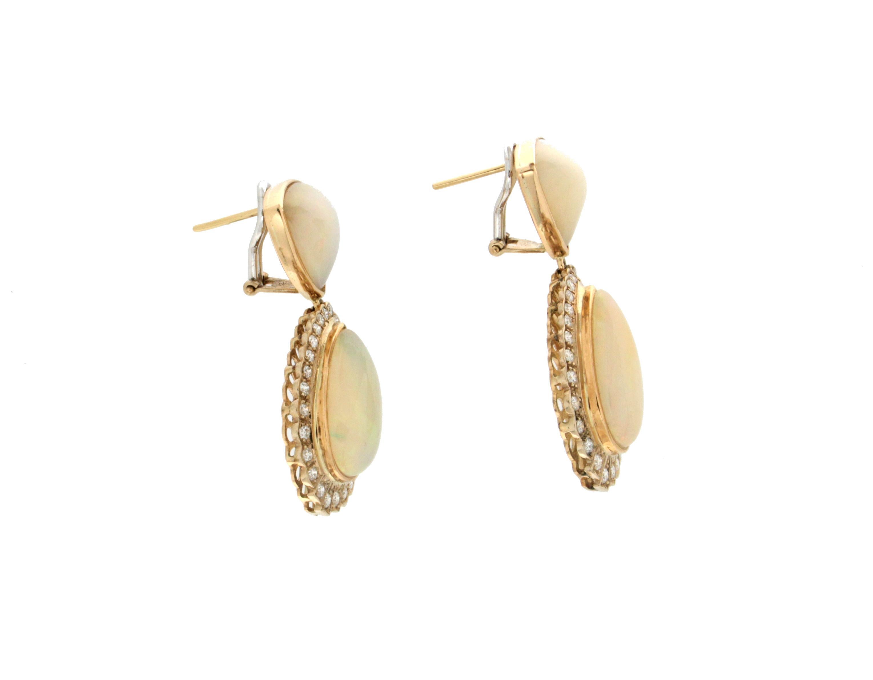 Brilliant Cut Handcraft Australian Opal 18 Karat Yellow Gold Diamonds Drop Earrings For Sale