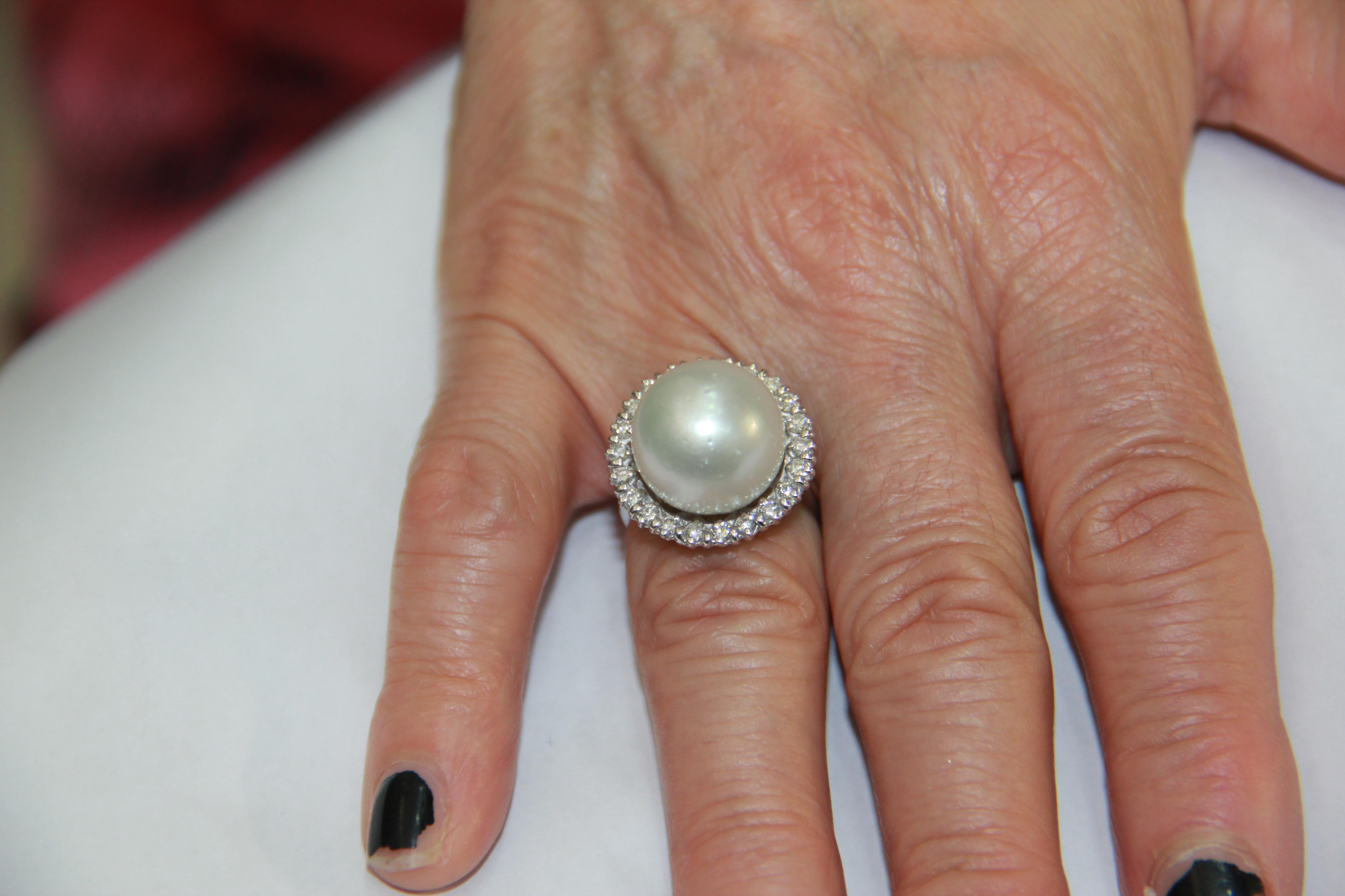 Handcraft Australian Pearl 18 Karat White Gold Diamonds Cocktail Ring For Sale 9