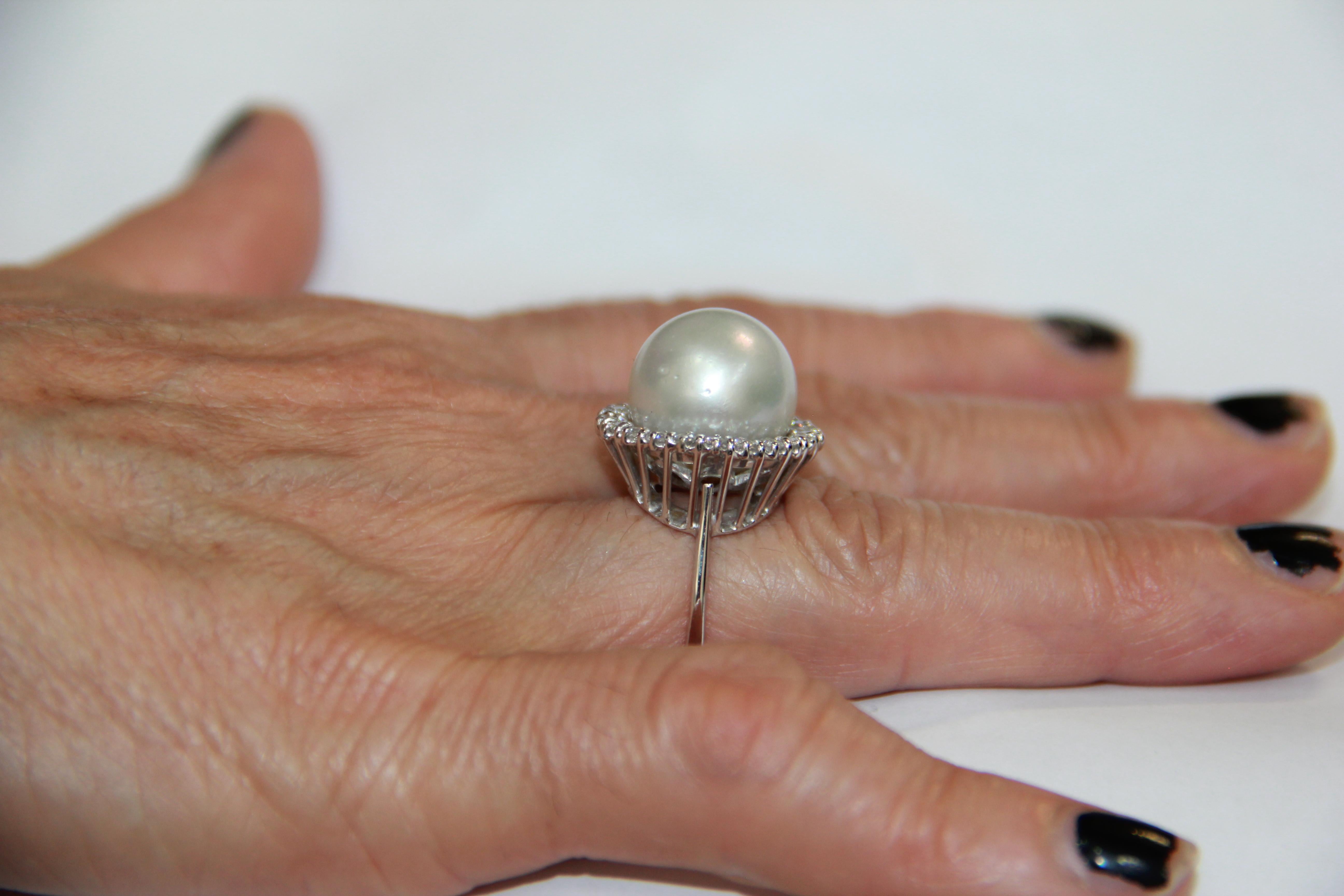 Handcraft Australian Pearl 18 Karat White Gold Diamonds Cocktail Ring For Sale 10