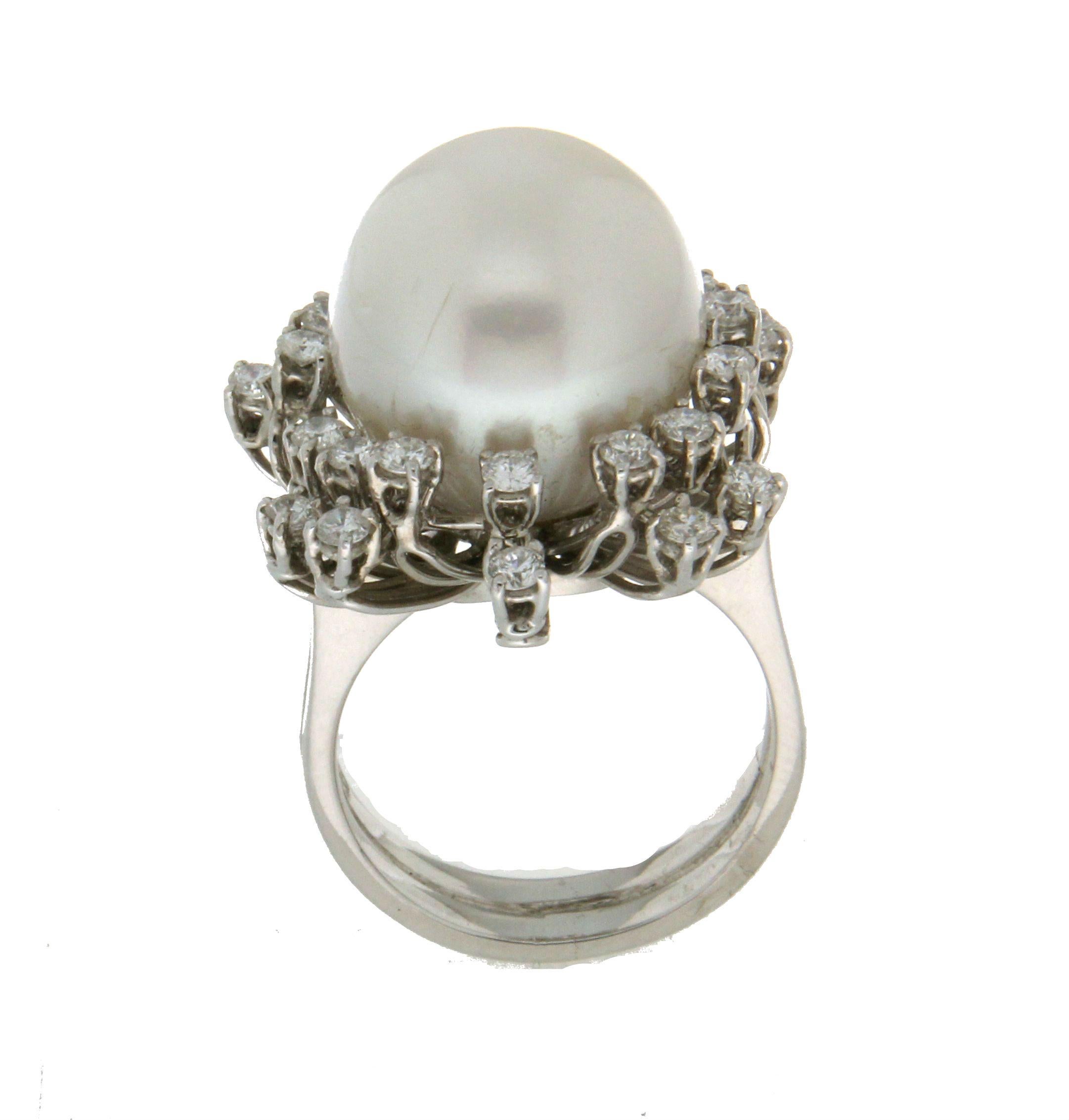 Women's Handcraft Australian Pearl 18 Karat White Gold Diamonds Cocktail Ring For Sale