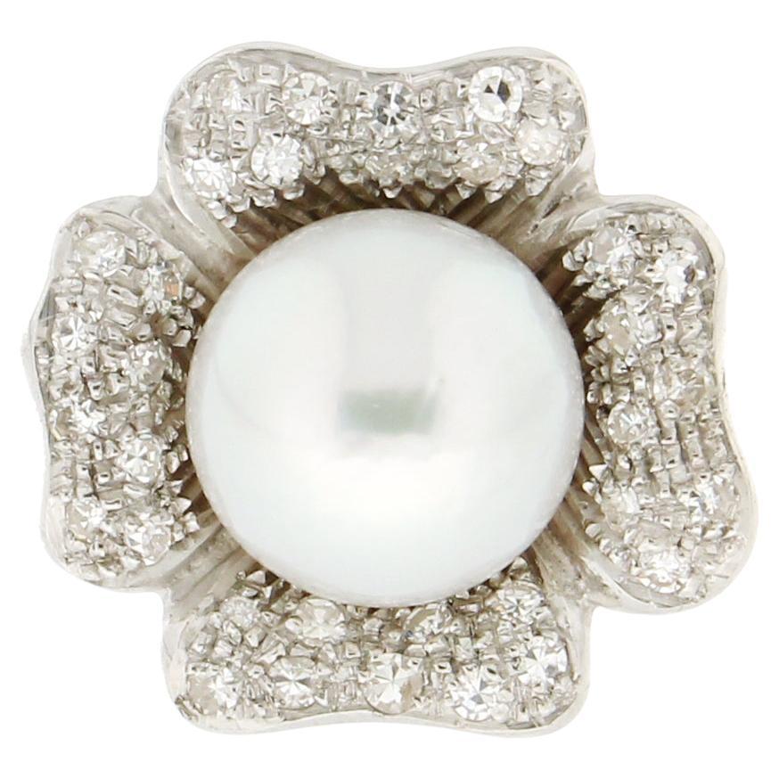 Handcraft Australian Pearl 18 Karat White Gold Diamonds Cocktail Ring For Sale