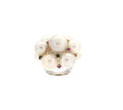 Handcraft Australian Pearl 18 Karat White Gold Sapphires Ruby Cocktail Ring