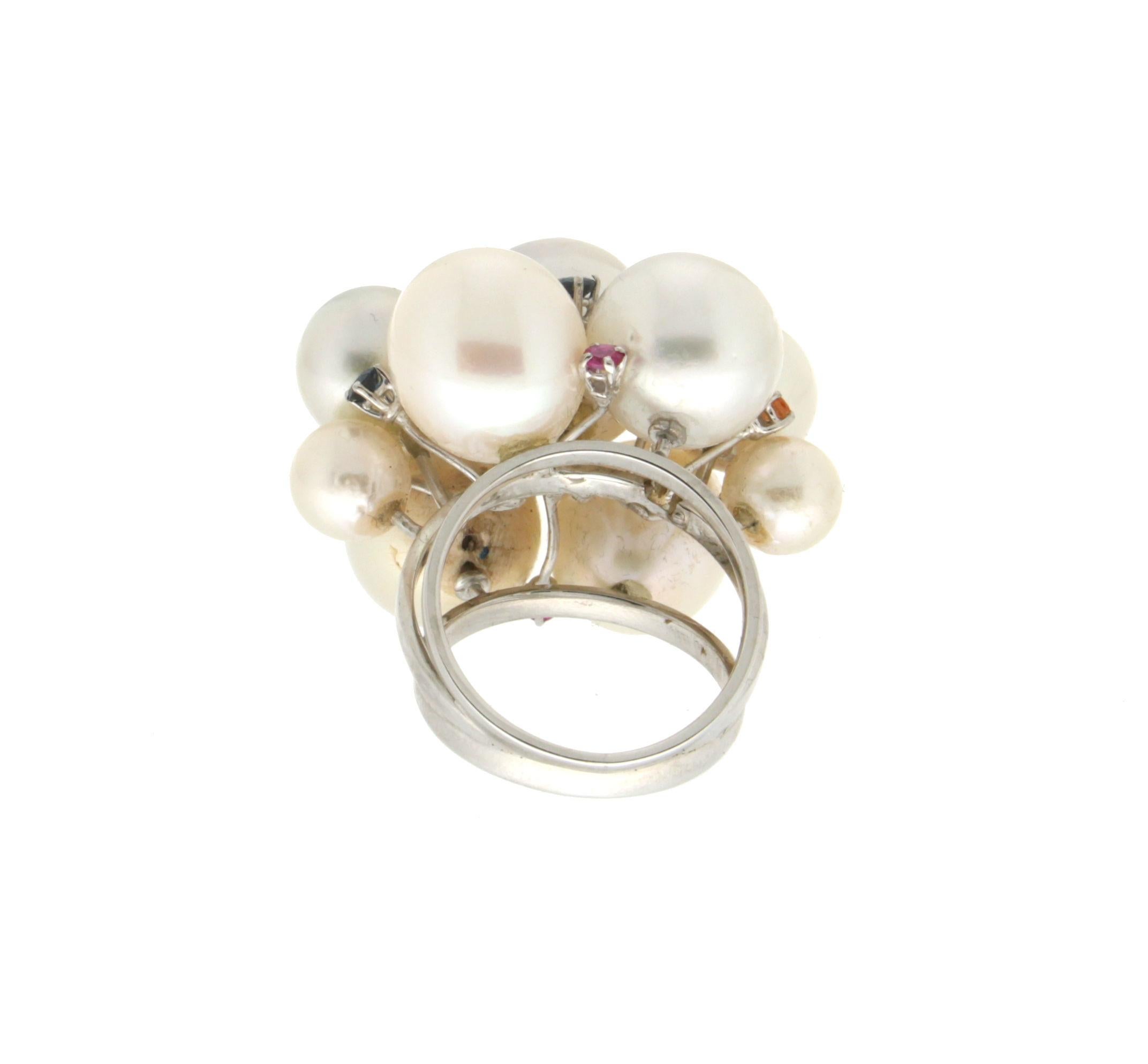 Women's Handcraft Australian Pearl 18 Karat White Gold Sapphires Ruby Cocktail Ring For Sale