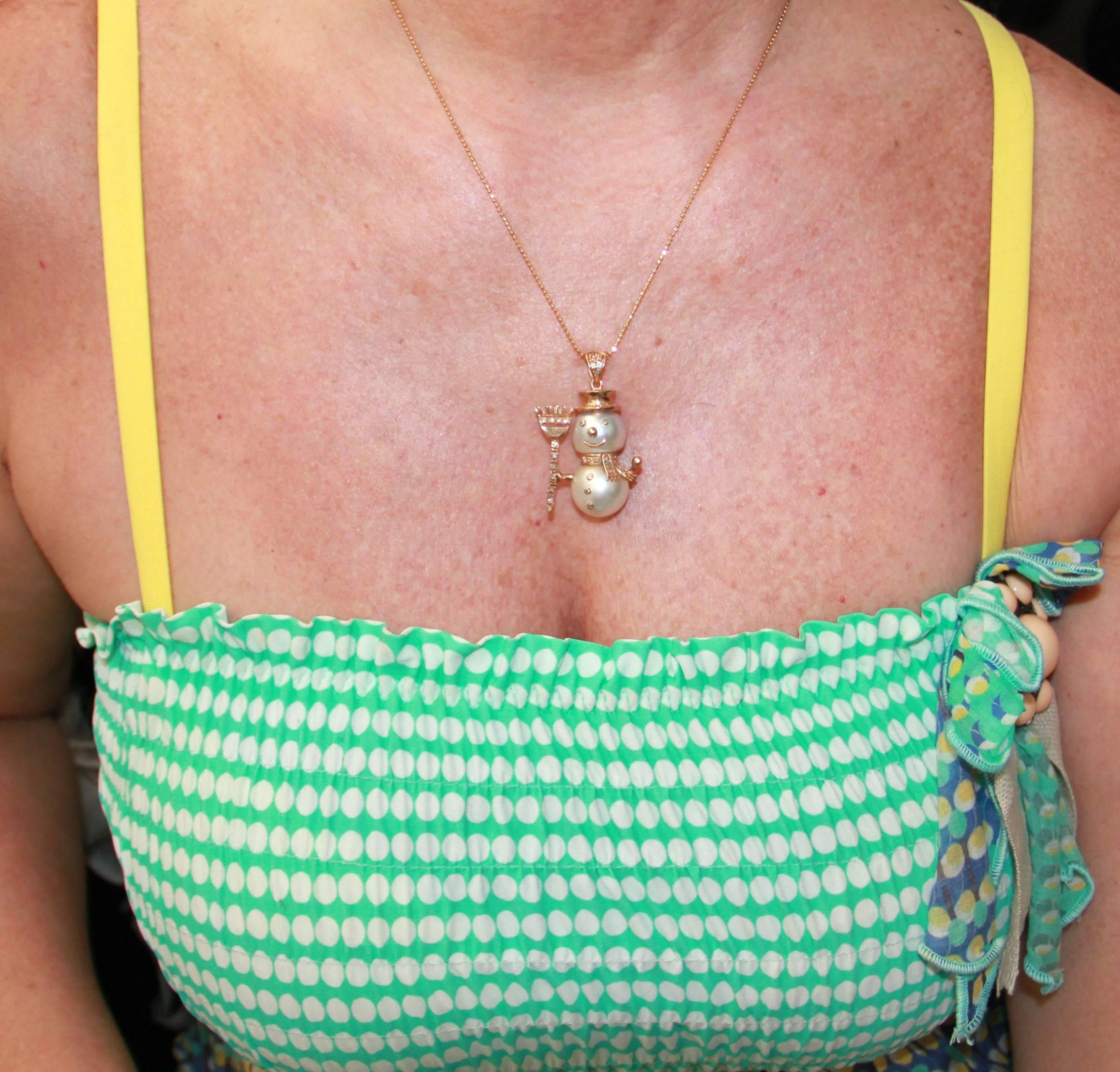 Artisan Handcraft Australian Pearl 9 Karat Yellow Gold Diamonds Snowman Pendant Necklace
