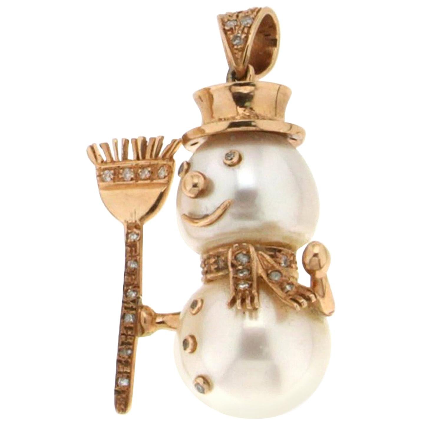 Handcraft Australian Pearl 9 Karat Yellow Gold Diamonds Snowman Pendant Necklace