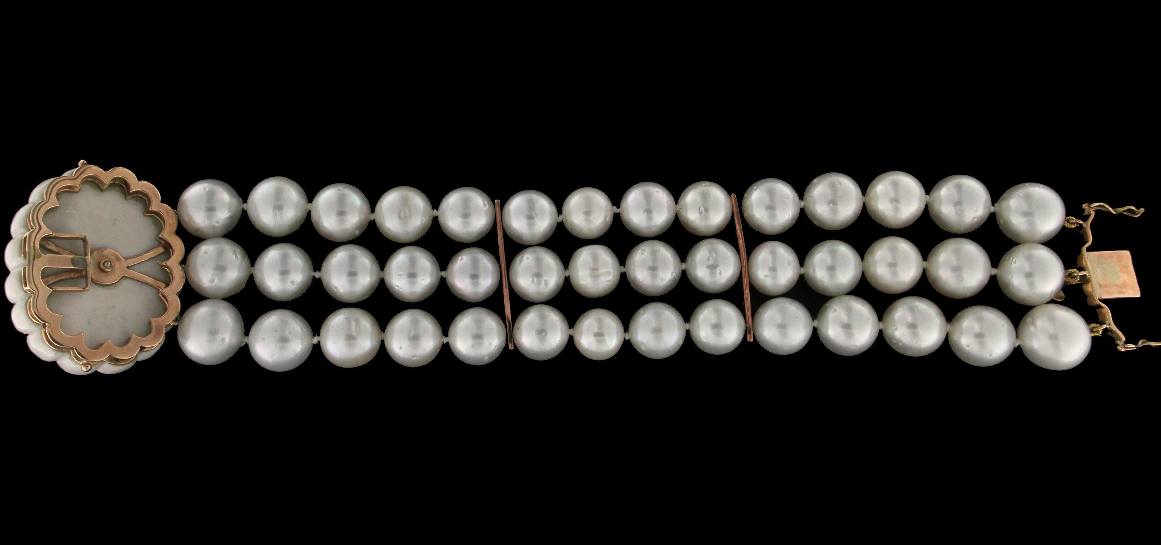 Artisan Handcraft Australian Pearls 14 Karat Gold Diamonds Coral Agate Cuff Bracelet For Sale
