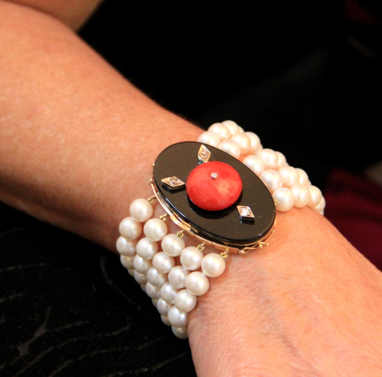 Handcraft Australian Pearls 14 Karat Gold Diamonds Coral Onyx Cuff Bracelet For Sale 5