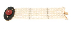 Handcraft Australian Pearls 14 Karat Gold Diamonds Coral Onyx Cuff Bracelet