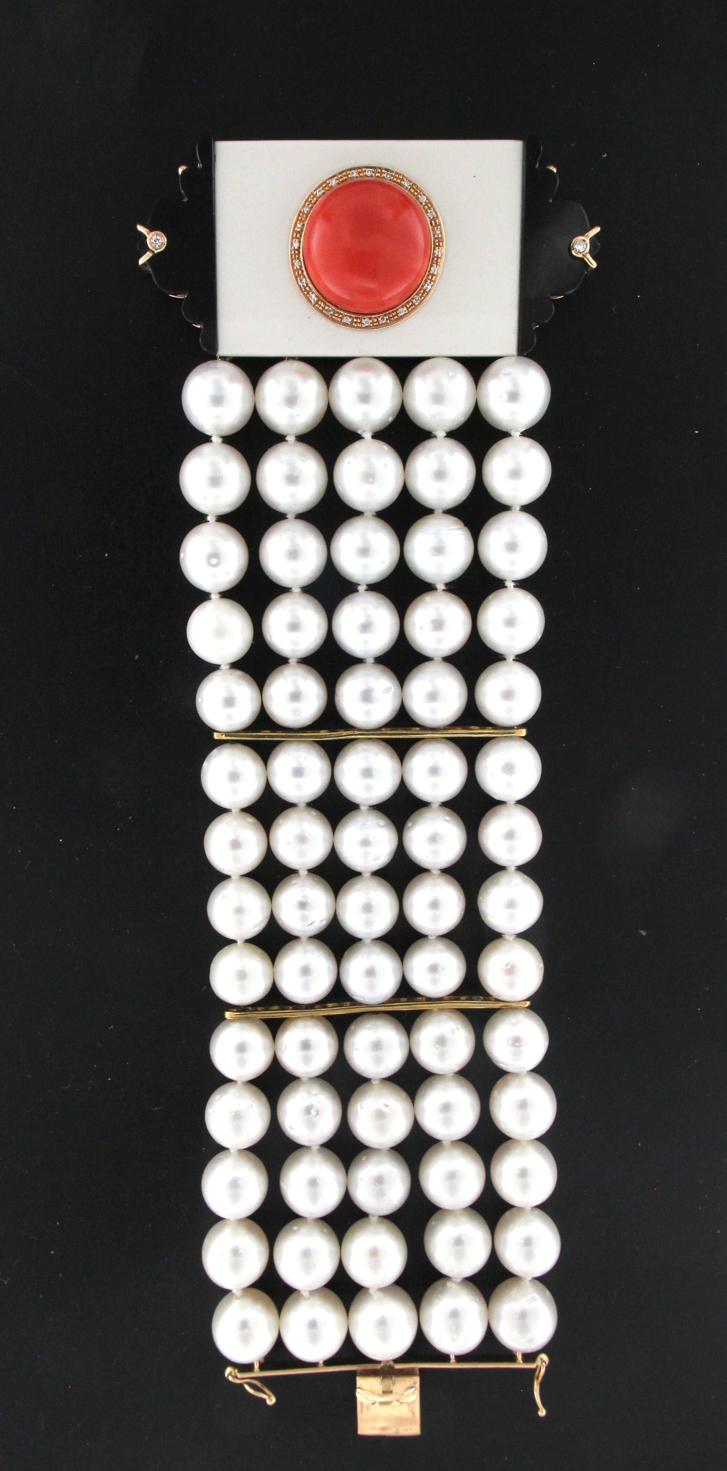 Artisan Handcraft Australian Pearls 14 Karat Gold Diamonds Coral Onyx Cuff Bracelet For Sale