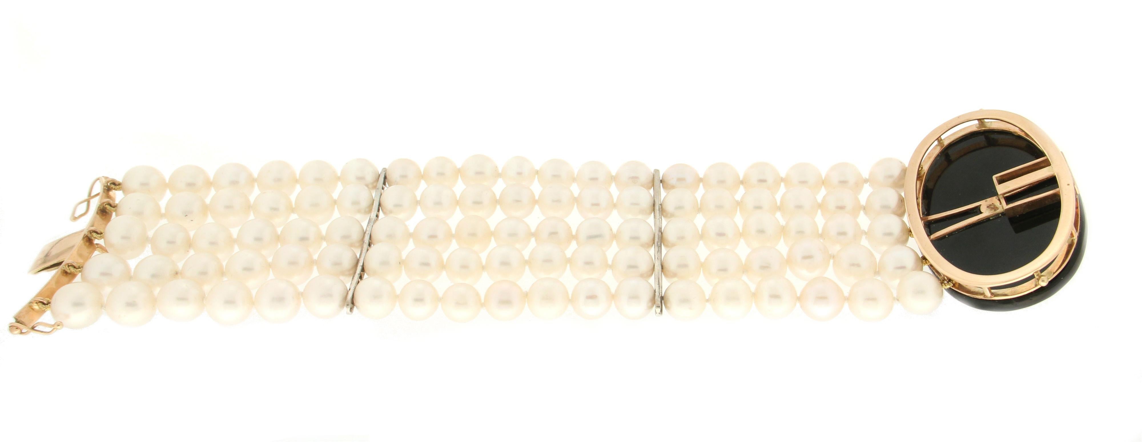 Brilliant Cut Handcraft Australian Pearls 14 Karat Gold Diamonds Coral Onyx Cuff Bracelet For Sale