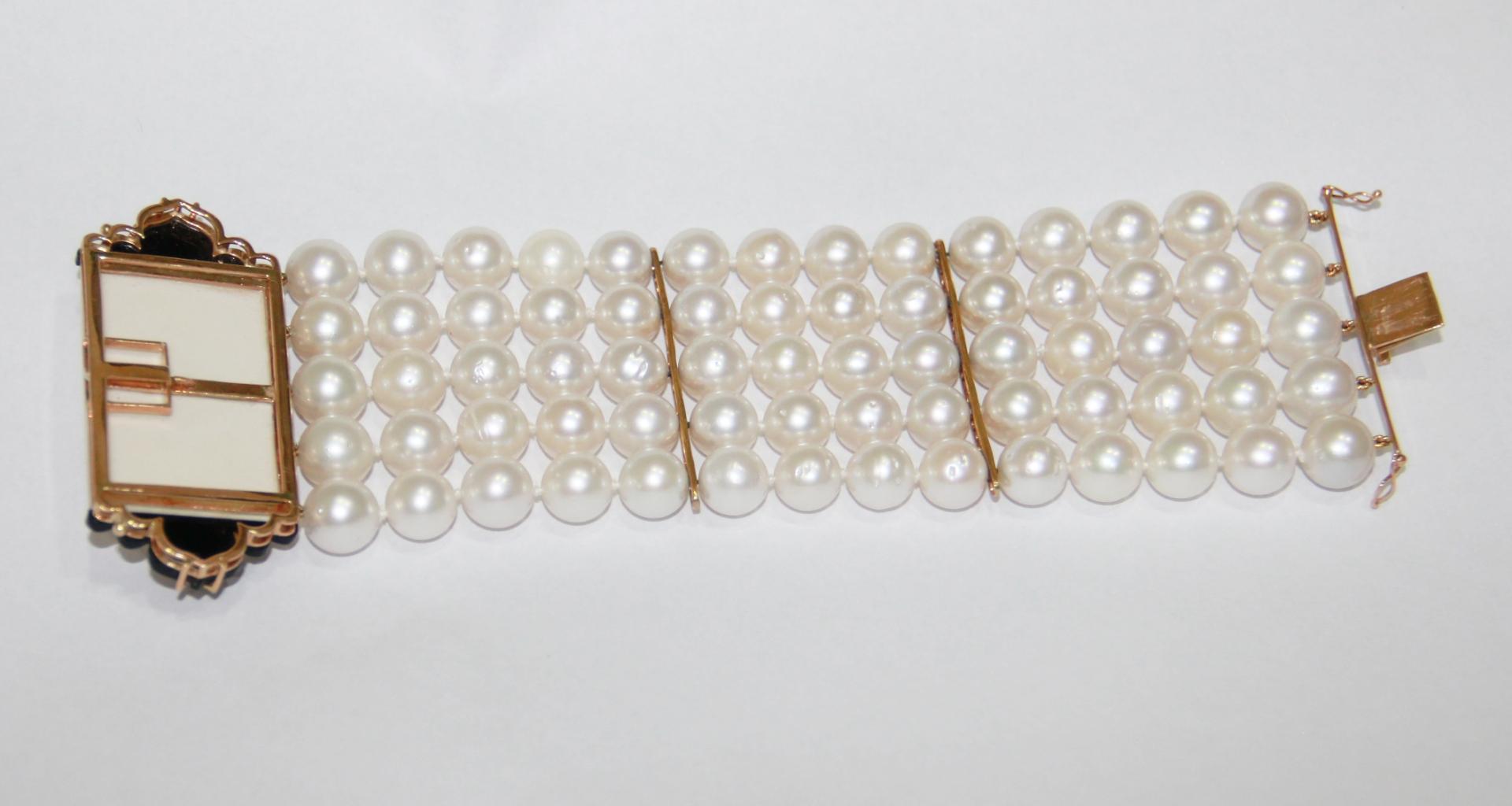Mixed Cut Handcraft Australian Pearls 14 Karat Gold Diamonds Coral Onyx Cuff Bracelet For Sale
