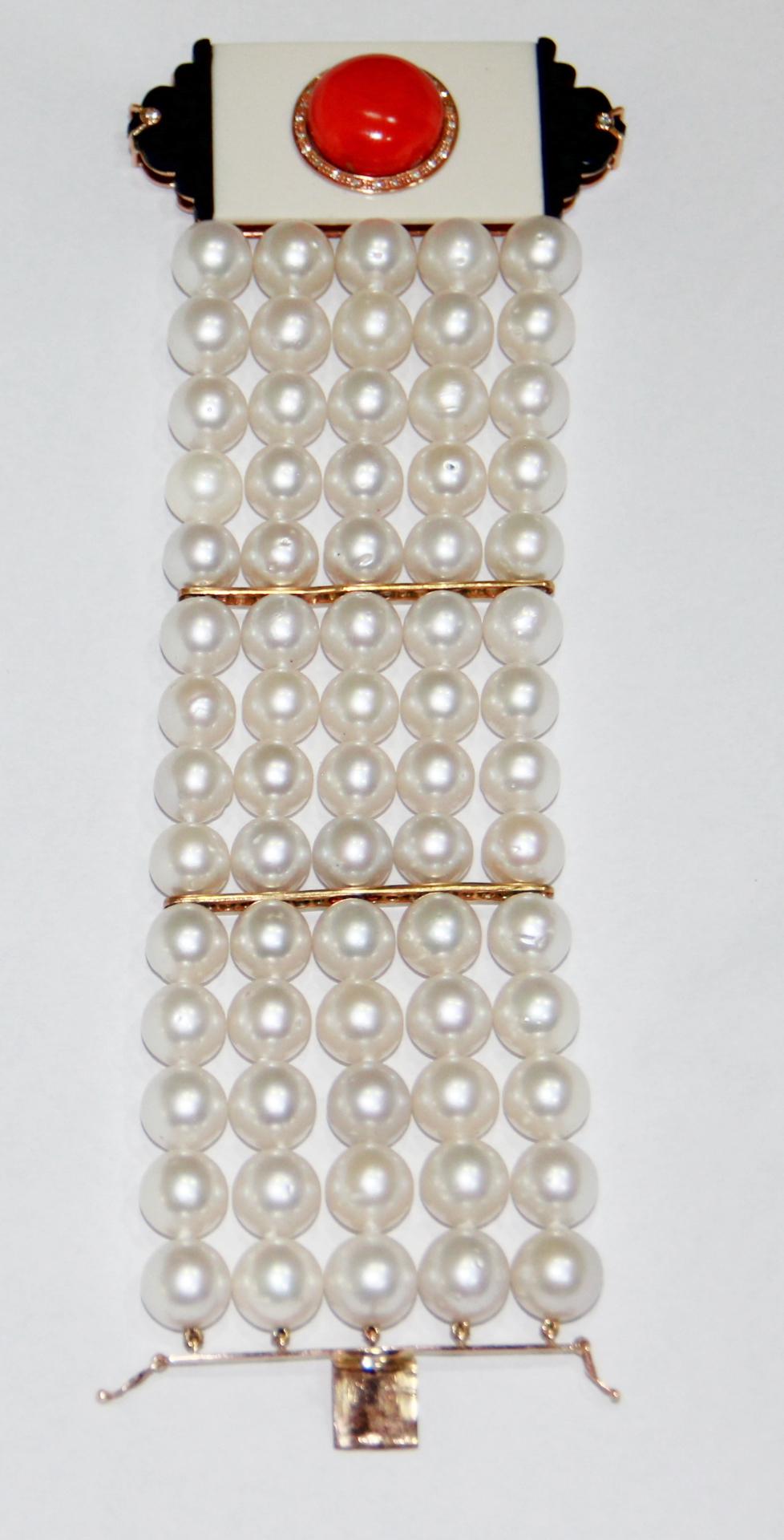 Women's or Men's Handcraft Australian Pearls 14 Karat Gold Diamonds Coral Onyx Cuff Bracelet For Sale