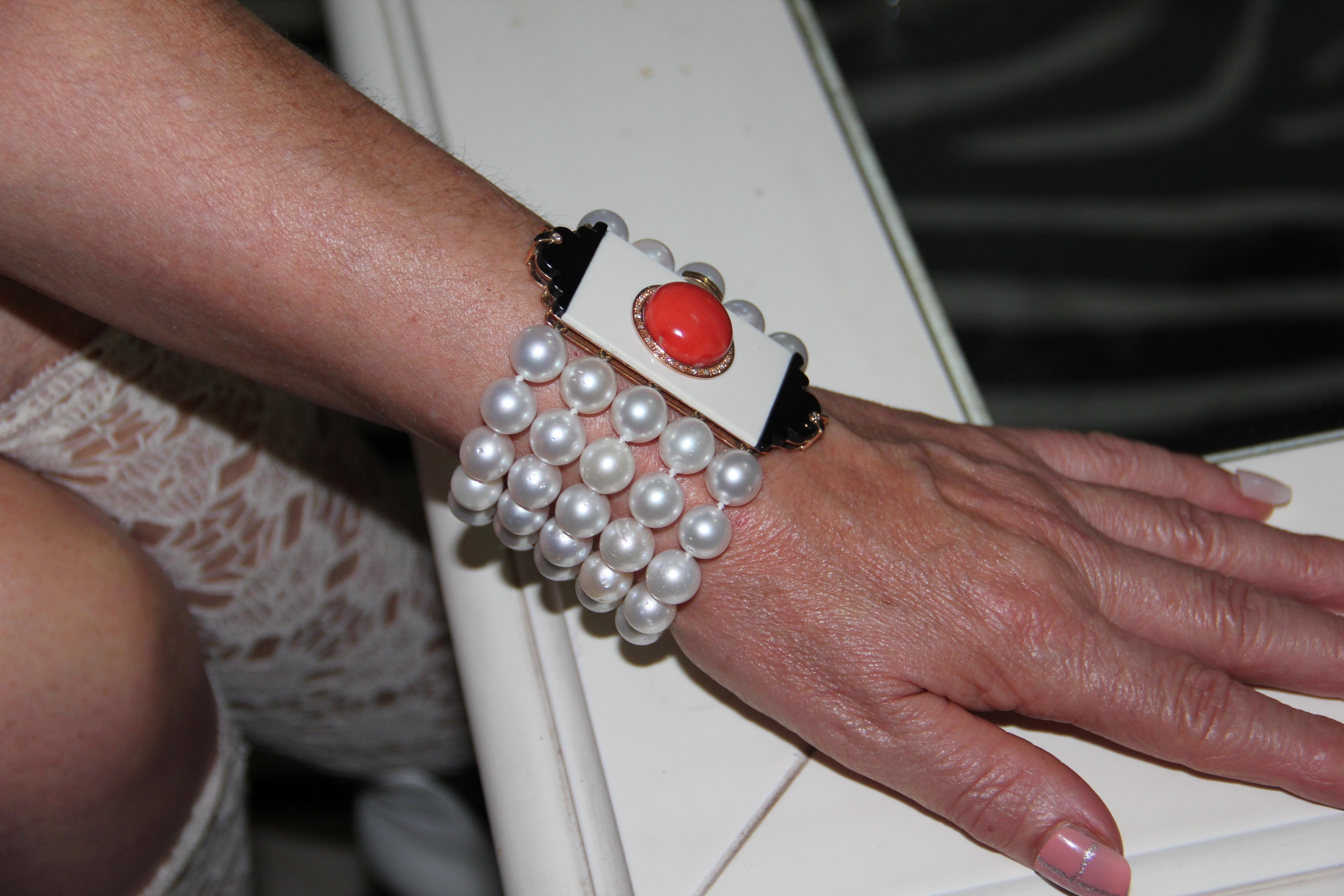 Handcraft Australian Pearls 14 Karat Gold Diamonds Coral Onyx Cuff Bracelet For Sale 1