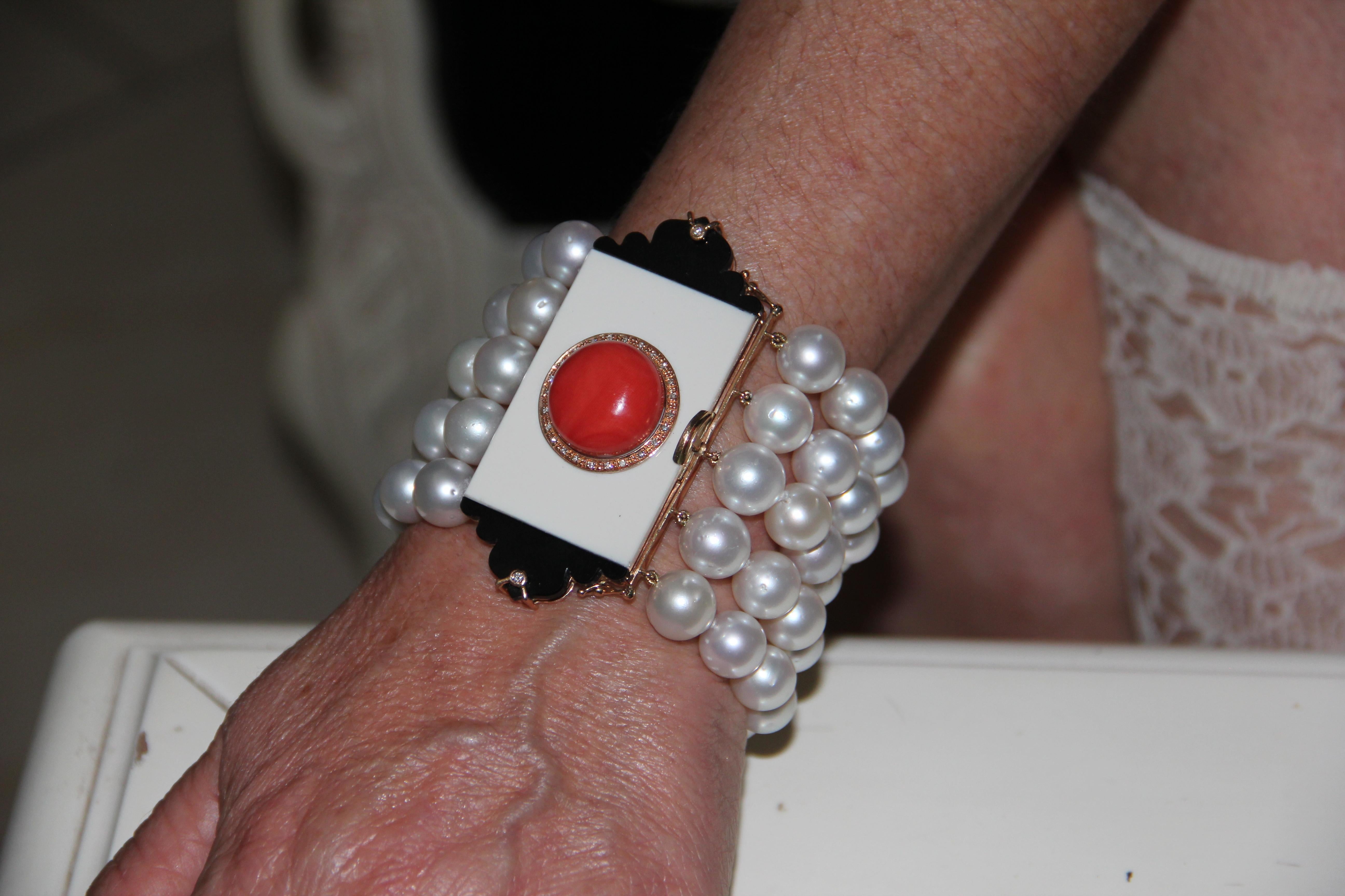 Handcraft Australian Pearls 14 Karat Gold Diamonds Coral Onyx Cuff Bracelet For Sale 3
