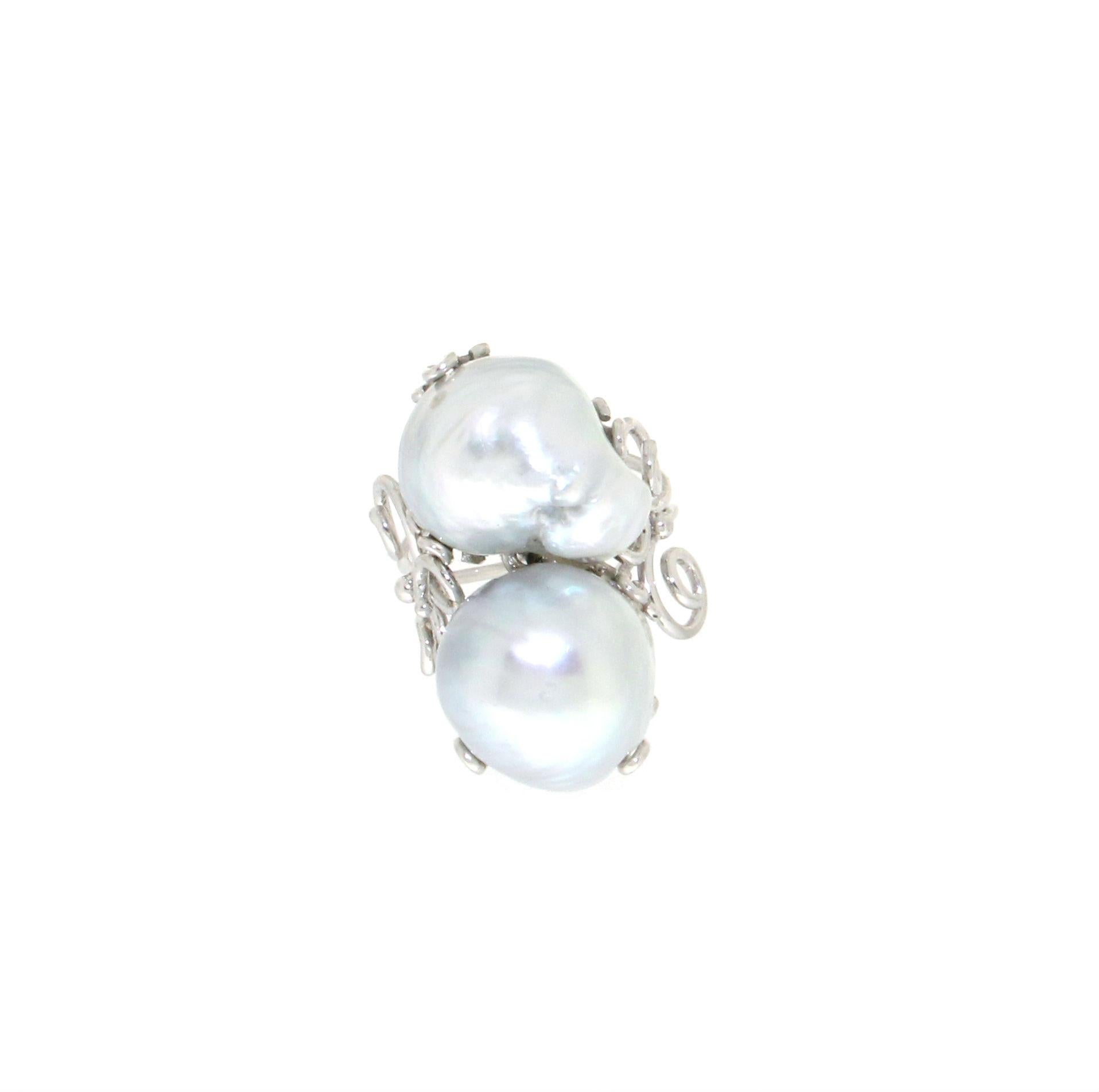 Handcraft Australian Baroque Pearls 18 Karat White Gold Cocktail Ring For Sale 6