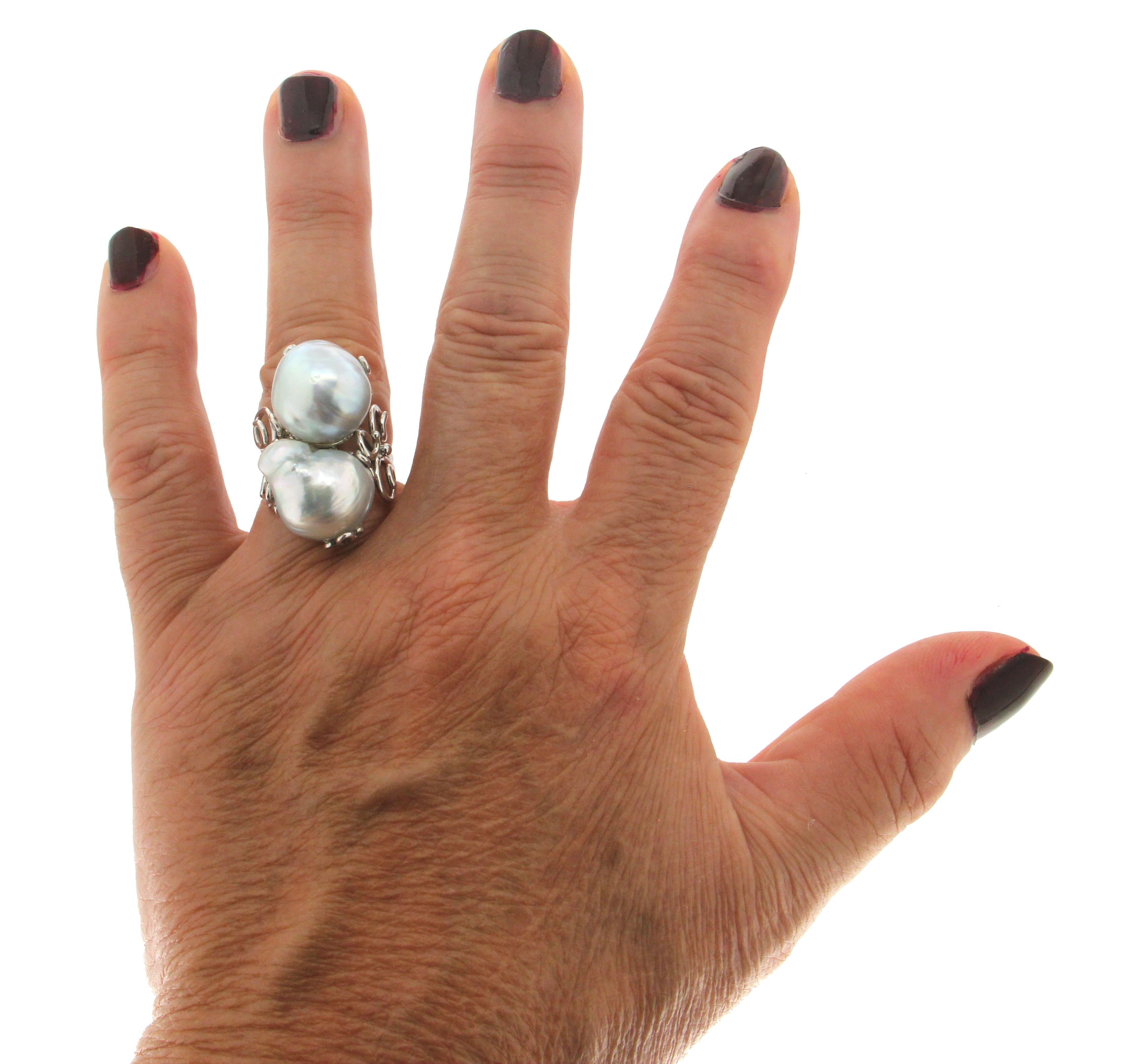 Oval Cut Handcraft Australian Baroque Pearls 18 Karat White Gold Cocktail Ring For Sale