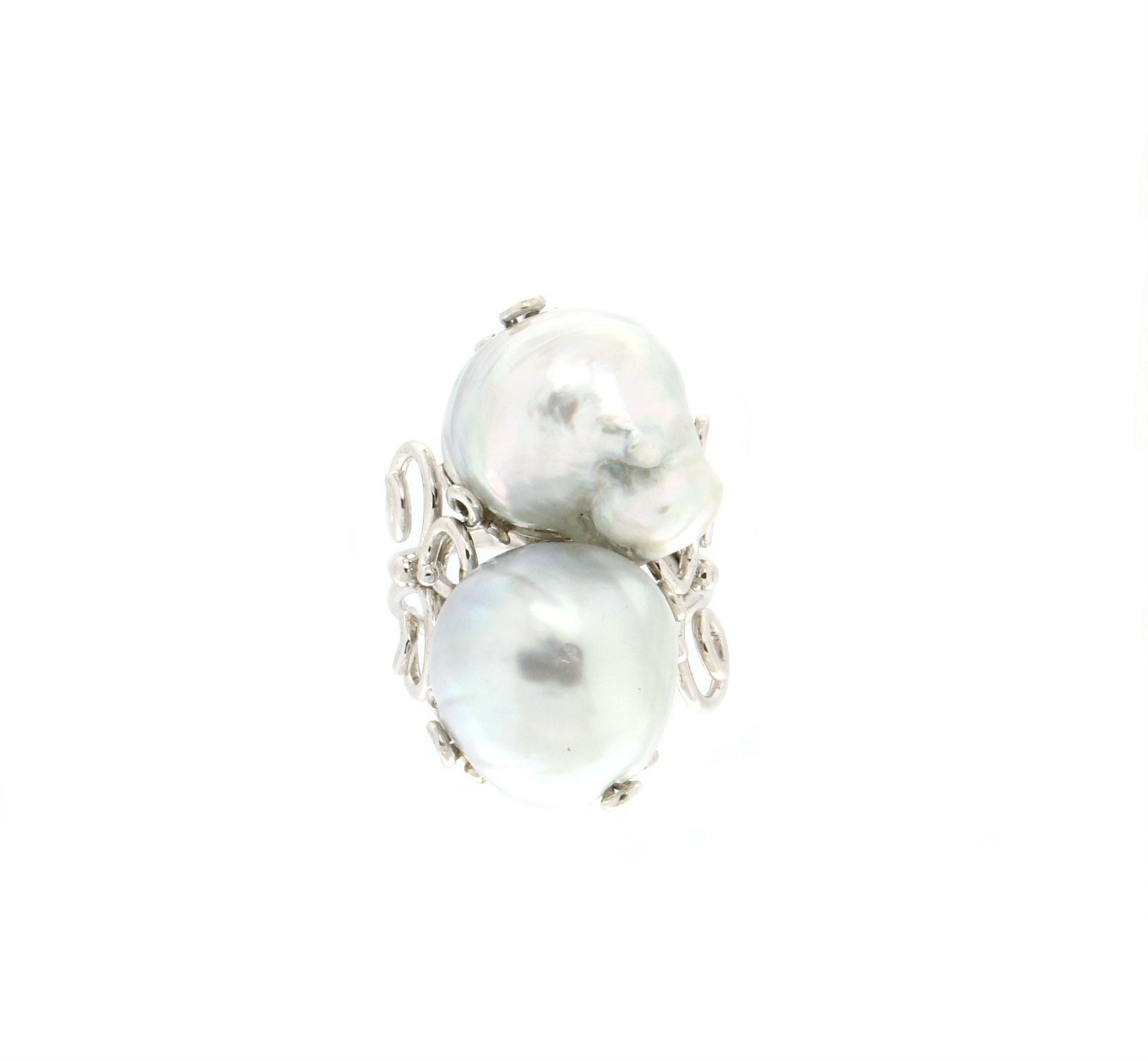 Oval Cut Handcraft Australian Baroque Pearls 18 Karat White Gold Cocktail Ring For Sale