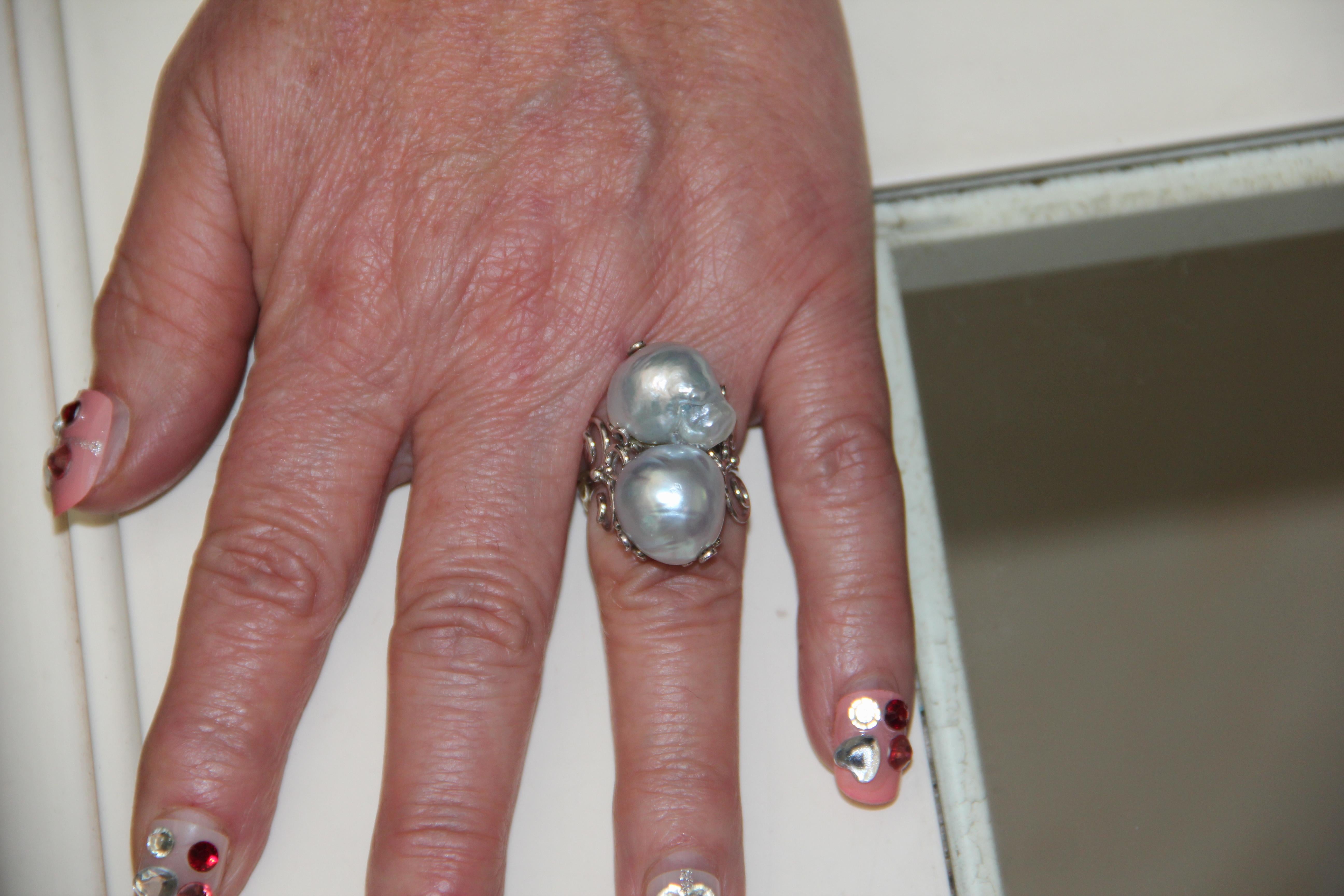 Women's Handcraft Australian Baroque Pearls 18 Karat White Gold Cocktail Ring For Sale