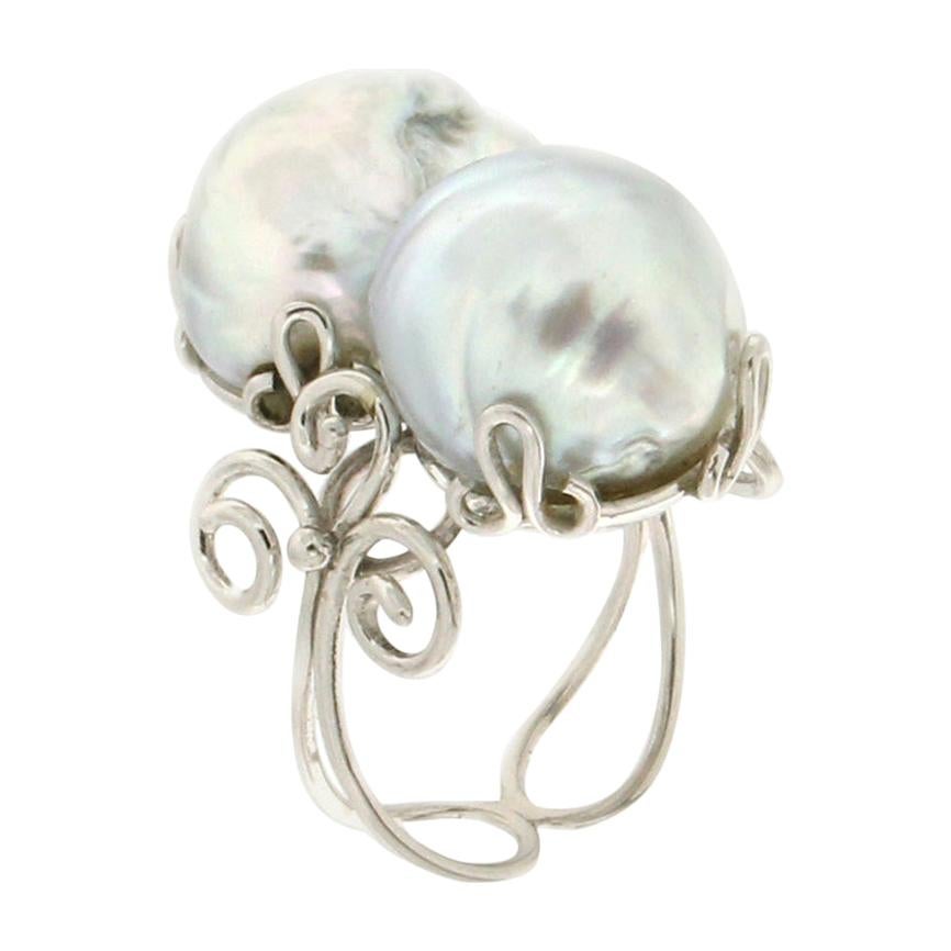 Handcraft Australian Baroque Pearls 18 Karat White Gold Cocktail Ring For Sale