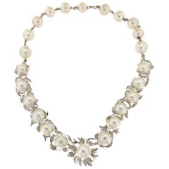 Collier ras du cou en or blanc 18 carats avec diamants et perles d'Australie Handcraft