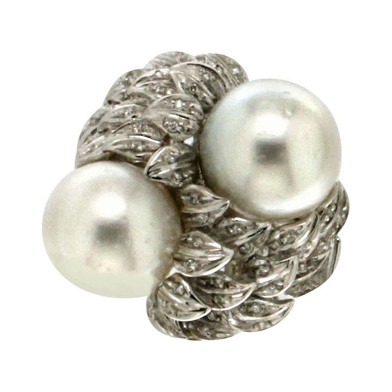Handcraft Australian Pearls 18 Karat White Gold Diamonds Cocktail Ring For Sale